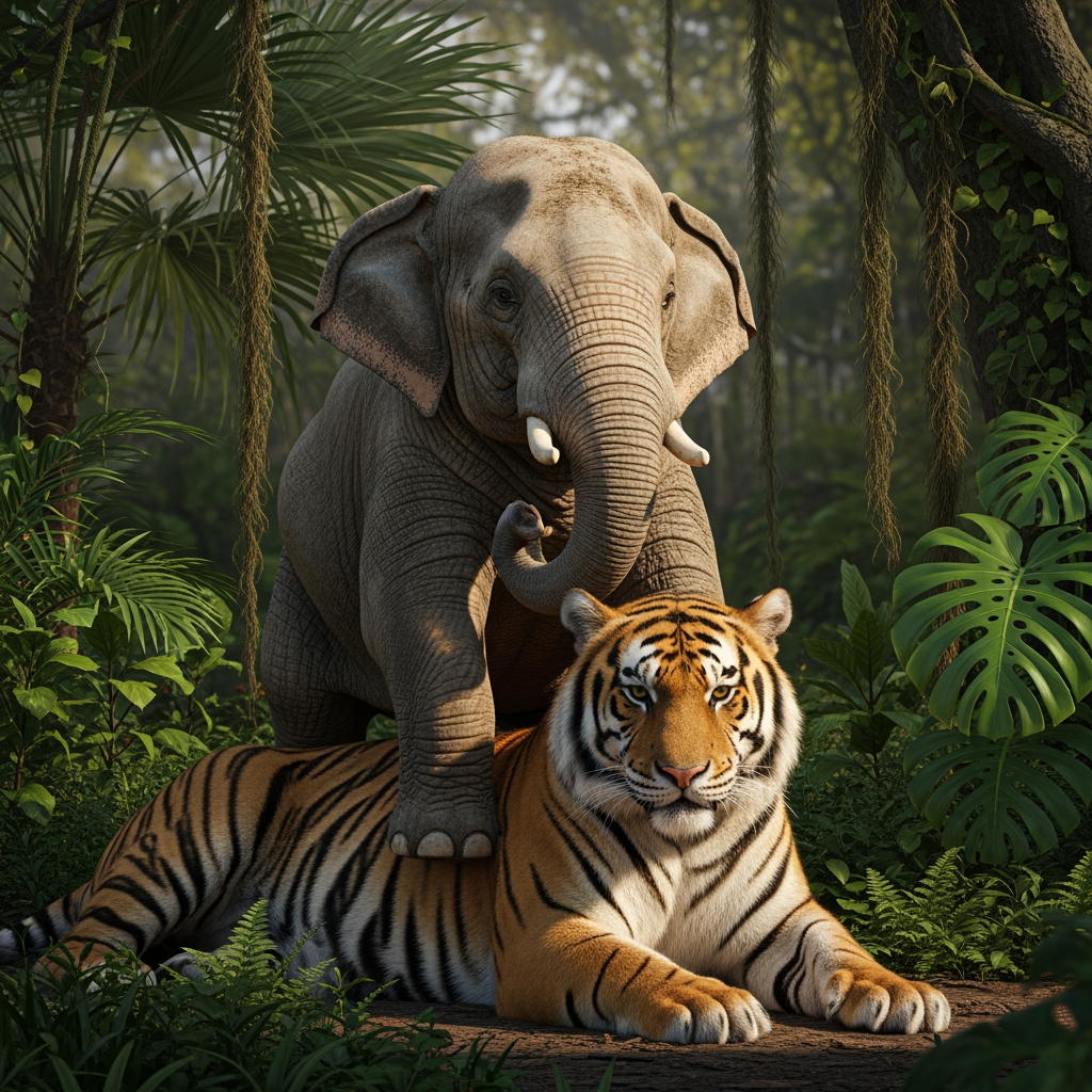 AI Design for Create a picture of an elephant sitting on a tiger