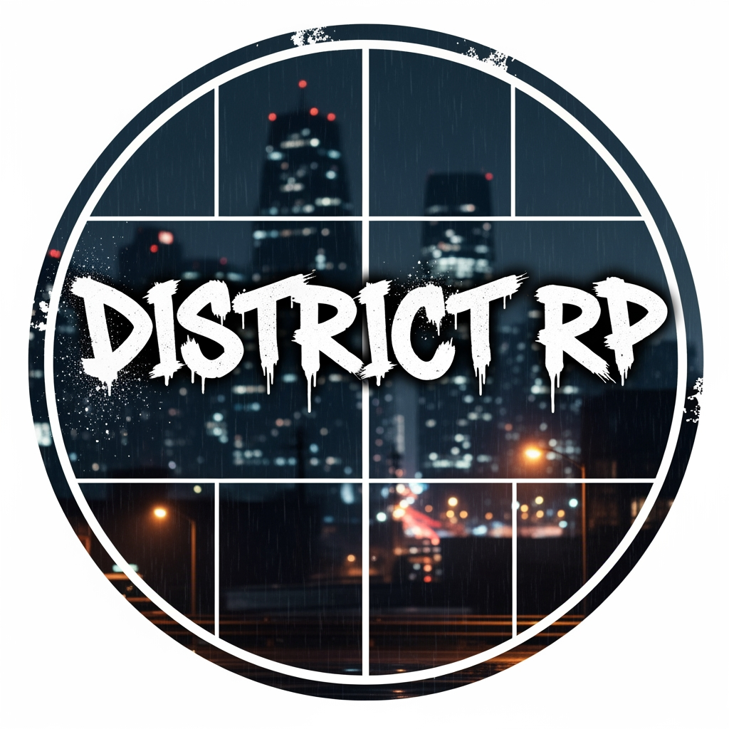 AI Design for A professional gaming logo for a Discord profile picture, combining a classic circular emblem stamp (Style 1&4) with raw graffiti street lettering (Style 2) that says "District RP". The background features a split grid frame displaying a dark GTA V night cityscape (Style 3). High contrast, urban gaming aesthetic, 8k resolution.