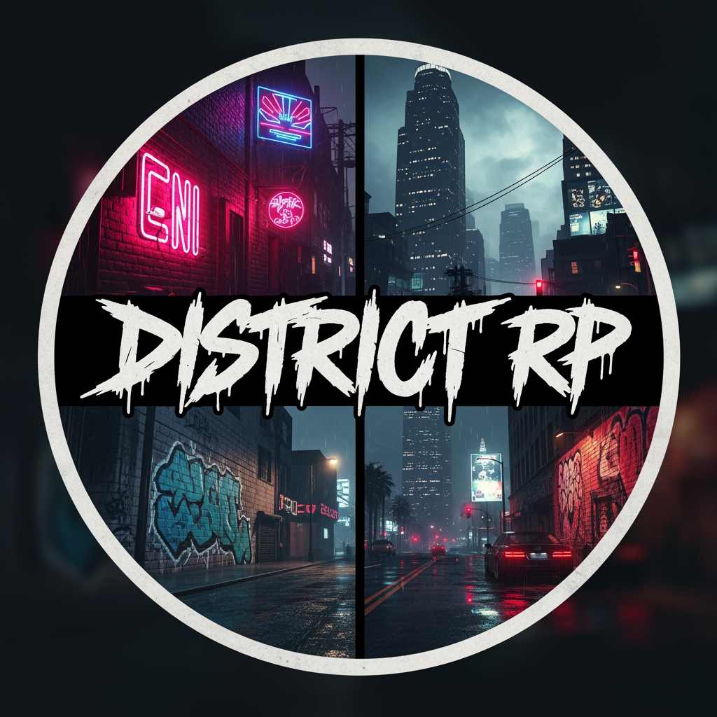 AI Design for A gritty urban gaming logo for Discord avatar, circular stamp emblem. Raw, aggressive graffiti tag lettering saying "District RP" with paint drips. The background inside the circular frame shows a dark, moody GTA V inspired city under a night sky, split screen grid style. Low-key lighting, high contrast, street art aesthetic, cinematic lighting, 8k resolution, photorealistic details --v 6.0