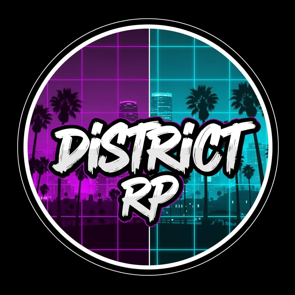 AI Design for A professional gaming logo for a Discord profile picture, circular emblem badge design, sharp vector art. Inside the circle, bold raw street graffiti lettering reads "District RP". The background features a split grid frame showcasing a dark GTA V night cityscape with glowing purple and cyan neon lights, palm trees silhouettes. High contrast, urban gaming aesthetic, 8k resolution, clean look, solid black background --v 6.0