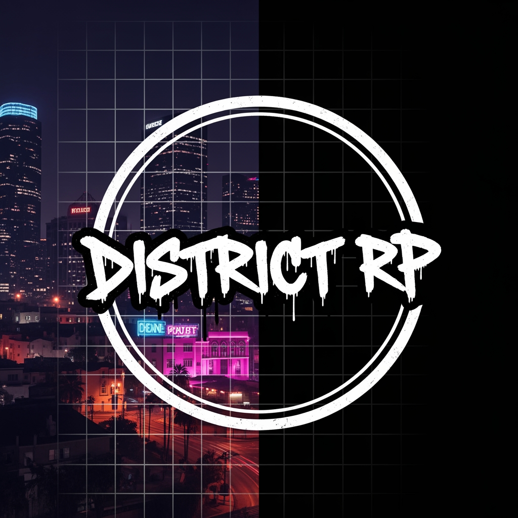 AI Design for A professional gaming logo for a Discord profile picture, combining a classic circular emblem stamp (Style 1&4) with raw graffiti street lettering (Style 2) that says "District RP". The background features a split grid frame displaying a dark GTA V night cityscape (Style 3). High contrast, urban gaming aesthetic, 8k resolution.