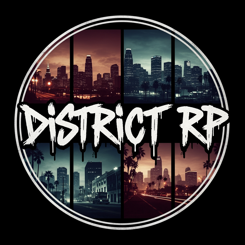 AI Design for A gritty urban gaming logo for Discord avatar, circular stamp emblem. Raw, aggressive graffiti tag lettering saying "District RP" with paint drips. The background inside the circular frame shows a dark, moody GTA V inspired city under a night sky, split screen grid style. Low-key lighting, high contrast, street art aesthetic, cinematic lighting, 8k resolution, photorealistic details --v 6.0