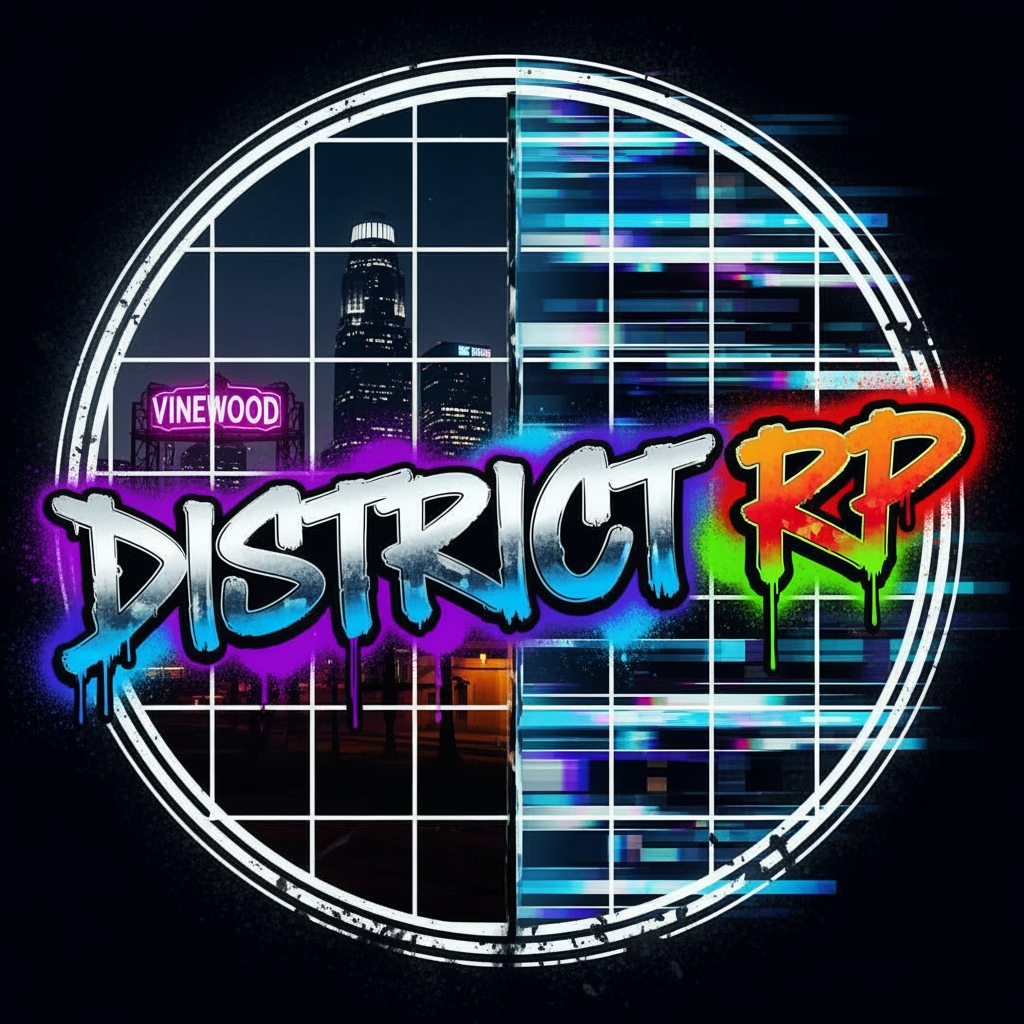 AI Design for A professional gaming logo for a Discord profile picture, combining a classic circular emblem stamp (Style 1&4) with raw graffiti street lettering (Style 2) that says "District RP". The background features a split grid frame displaying a dark GTA V night cityscape (Style 3). High contrast, urban gaming aesthetic, 8k resolution.