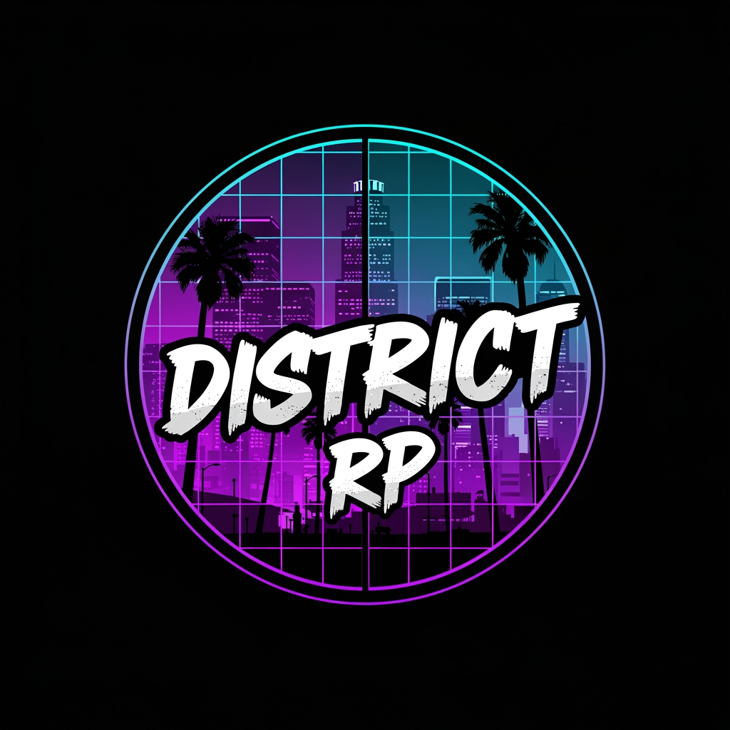 AI Design for A professional gaming logo for a Discord profile picture, circular emblem badge design, sharp vector art. Inside the circle, bold raw street graffiti lettering reads "District RP". The background features a split grid frame showcasing a dark GTA V night cityscape with glowing purple and cyan neon lights, palm trees silhouettes. High contrast, urban gaming aesthetic, 8k resolution, clean look, solid black background --v 6.0