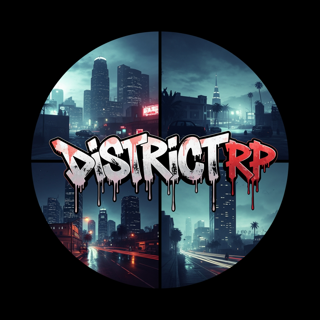 AI Design for A gritty urban gaming logo for Discord avatar, circular stamp emblem. Raw, aggressive graffiti tag lettering saying "District RP" with paint drips. The background inside the circular frame shows a dark, moody GTA V inspired city under a night sky, split screen grid style. Low-key lighting, high contrast, street art aesthetic, cinematic lighting, 8k resolution, photorealistic details --v 6.0