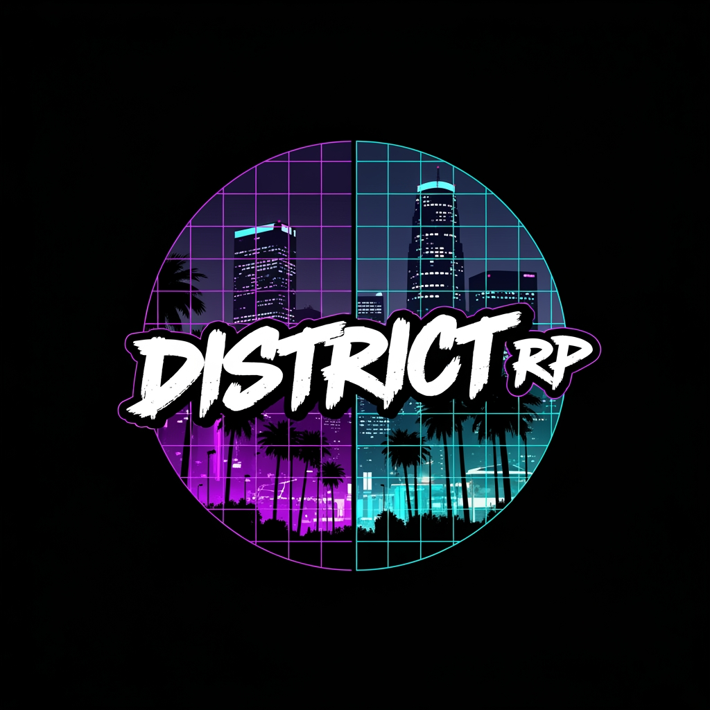 AI Design for A professional gaming logo for a Discord profile picture, circular emblem badge design, sharp vector art. Inside the circle, bold raw street graffiti lettering reads "District RP". The background features a split grid frame showcasing a dark GTA V night cityscape with glowing purple and cyan neon lights, palm trees silhouettes. High contrast, urban gaming aesthetic, 8k resolution, clean look, solid black background --v 6.0