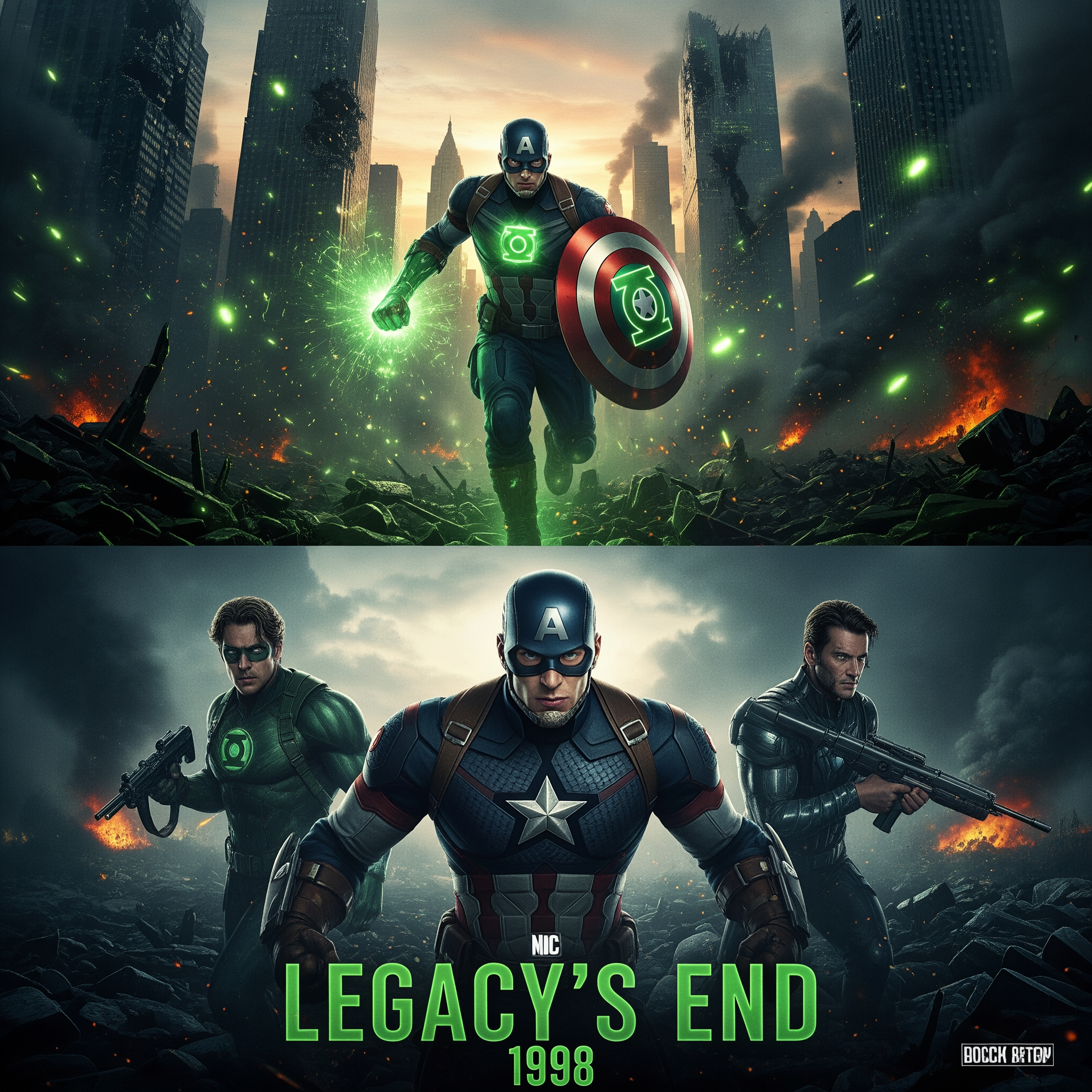 AI Design for Τίτλος: Legacy's End
Εντός του σύμπαντος Έτος: 1998 
Ο πόλεμος φτάνει στο καταστροφικό του τέλος. Ο Λεξ Λούθορ, στριμωγμένος και αποδιοργανωμένος, ενεργοποιεί το τελικό του πρωτόκολλο απελευθερώνοντας έναν θανατηφόρο, κατασκευασμένο ιό και εξαπολύοντας μια τελευταία ολοκληρωτική επίθεση με ό,τι του έχει απομείνει. Οι ήρωες συγκεντρώνονται για την τελική τους μάχη στο οχυρωμένο αρχηγείο του Λούθορ. Η Τελική Μάχη: Ο Σπλίντερ εμφανίζεται για μια τελευταία φορά. Πολεμά με σοφία και ακρίβεια, καθοδηγώντας την ομάδα ακόμα και μέσα στο χάος.
Ο Γούλβεριν μάχεται μέσα από ορδές εχθρών για να φτάσει στον Λεξ. Στην κορύφωση, ο Λεξ τον πυροβολεί με έναν ειδικά κατασκευασμένο ιό που έχει σχεδιαστεί για να κατακλύσει ακόμη και τον παράγοντα θεραπείας του. Ο Γούλβεριν πεθαίνει στην αγκαλιά της Μίστικ μετά από ένα τελευταίο, συναισθηματικό αντίο, λέγοντάς της να προστατεύσει τον γιο τους.
Ο Κάπτεν Αμέρικα (κρατώντας ασπίδα και δαχτυλίδι Green Lantern) παλεύει για να φτάσει στον Λεξ Λούθορ. Σε μια ηρωική τελική θυσία, υπερφορτώνει το δαχτυλίδι για να καταστρέψει τις άμυνες του Λούθορ και του δίνει το θανατηφόρο χτύπημα — καρφώνοντας τον Λεξ με την ασπίδα του, ενώ η ενέργεια του δαχτυλιδιού τους καταναλώνει και τους δύο. Ο Κάπτεν Αμέρικα πεθαίνει παίρνοντας μαζί του τον Λεξ Λούθορ.
Επιζώντες και Συγκινητικό Τέλος:
Η Μίστικ, η Πέγκι Κάρτερ και η Κάρολ Φέρις ΚΑΙ ο Χιούι και ο Σπλίντερ και όλος ο κόσμος επιβιώνουν από την τελική μάχη, αλλά υφίστανται σοβαρό τραύμα. Στον απόηχο, ένα μυστηριώδες κύμα ενέργειας (που προκαλείται από την υπερφόρτωση του δαχτυλιδιού Green Lantern και των τελευταίων όπλων του Λούθορ) σβήνει τις αναμνήσεις τους από την ηρωική ζωή. Ξυπνούν χωρίς καμία ανάμνηση των μαχών, των θυσιών ή ακόμα και του πλήρους παρελθόντος τους με τους συντρόφους τους. Θα μεγαλώσουν τα παιδιά τους (τον γιο του Γούλβεριν και της Μίστικ, τον γιο του Κάπτεν Αμέρικα και της Πέγκι, τον γιο του Χαλ και της Κάρολ) ως ανύπαντρες μητέρες, πιστεύοντας ότι τα αγαπημένα τους πρόσωπα πέθαναν σε «ατυχήματα» ή πολέμους και ο Χιούι θα είναι απλώς ένας κανονικός άνθρωπος ξανά. Ο κόσμος θρηνεί τους πεσόντες ήρωες. Μια νέα, πιο ήσυχη εποχή ξεκινά. Τελική Σκηνή:
Βλέπουμε έναν νεαρό στρατιώτη να βγαίνει από την πύλη στην οποία πήγε στη φάση 5 όταν τον στέλνει μια δίνη, περπατάει και βλέπει σε ένα δωμάτιο τους νέους φύλακες του γαλαξία να συνομιλούν.
Σκηνή 1 μετά τους τίτλους τέλους: Ο θραύστης πηγαίνει στη στρίγγλα του και βλέπουμε ότι χτίζει μια νέα ομάδα το 1998.
Σκηνή 2 μετά τους τίτλους τέλους: Μια νέα βιομηχανία χτίζεται από έναν νεαρό επιχειρηματία ονόματι Τζορτζ Στάρτκ, τον επόμενο Σμαραγδένιο Άνθρωπο. make me the postef of this movie