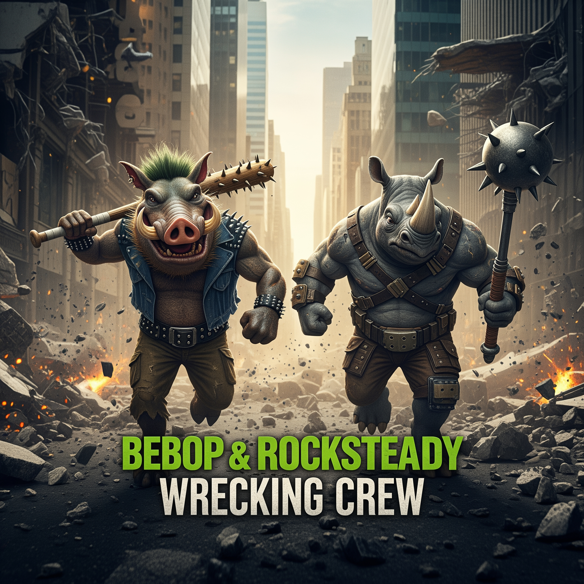 AI Design for Title: Bebop & Rocksteady: Wrecking Crew
In-universe Year: 1996  Story SummaryLex Luthor deploys two of his newest and most destructive recruits — Bebop and Rocksteady — the mutated warthog and rhino with immense strength, durability, and chaotic energy. Tasked with causing maximum destruction and drawing out the heroes, the duo rampages through major cities, destroying infrastructure and spreading panic.Captain America (wielding shield + Green Lantern ring), Wolverine, Mystique (now very close to giving birth), Kimiko, and Hughie must stop the rampage before it escalates into a national crisis.Key Moments:Chaotic, over-the-top action as Bebop and Rocksteady smash through buildings and vehicles with cartoonish levels of destruction (but in a dark 90s tone).
Captain America using creative combinations of his shield and Green Lantern constructs to contain the duo.
Wolverine has brutal close-quarters fights against the mutated pair.
Mystique uses her shapeshifting in clever ways despite her advanced pregnancy, showing her fierce protective instincts.
Hughie and Kimiko lead civilian evacuations and provide crucial support in the streets.
A funny yet tense moment where Bebop and Rocksteady’s bickering causes as much trouble for themselves as for the heroes.

Climax:
The heroes manage to defeat and capture Bebop and Rocksteady after a massive battle in New York, dealing another blow to Luthor’s new Arc Enemies roster. However, the city suffers heavy damage.Post-credits scene:
Lex Luthor watches the defeat of Bebop and Rocksteady without surprise. He turns to a new pod and says calmly:
“Primitive brutes… No matter. The next one will be much more refined.”

 i want you to make the poster of this movie