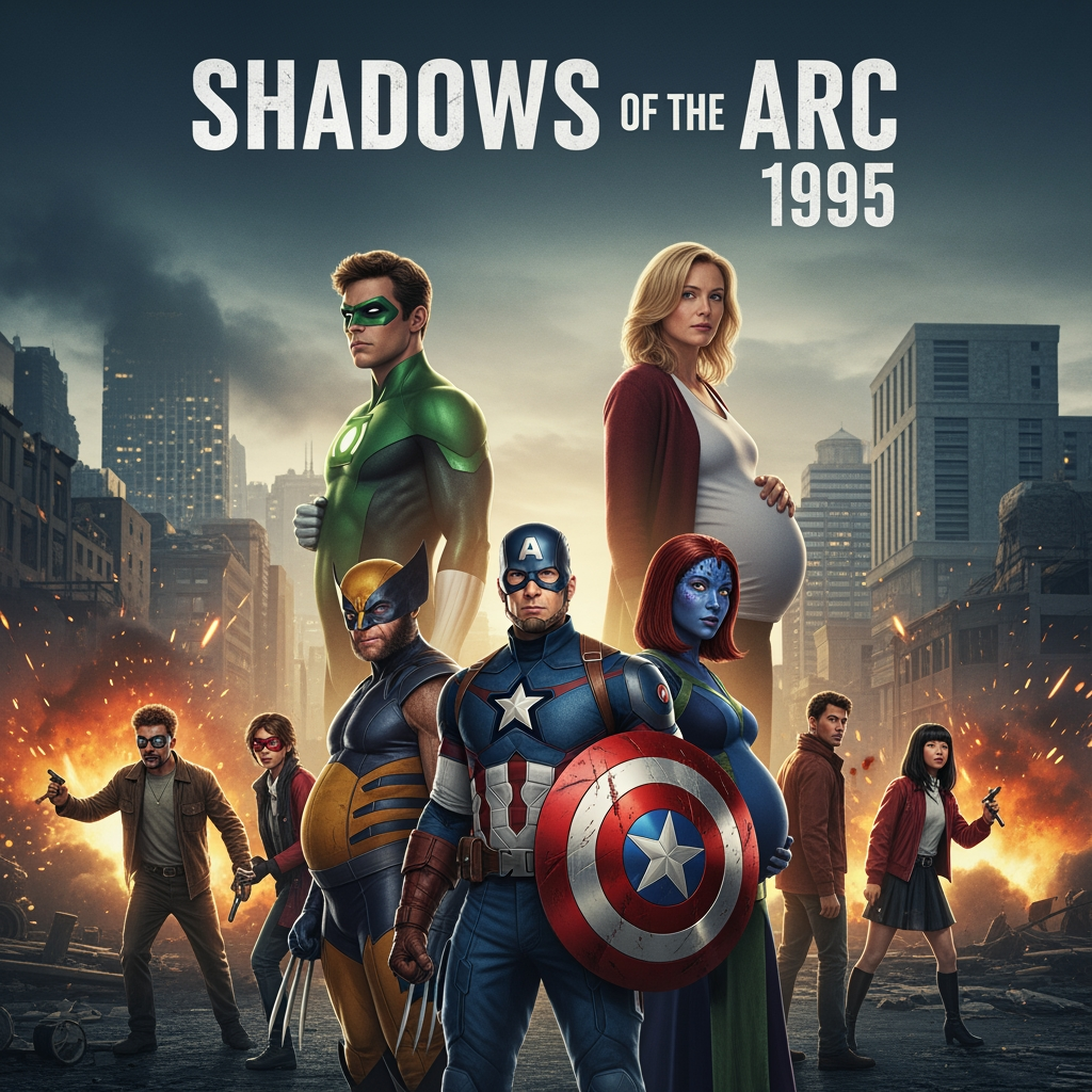 AI Design for Title: Shadows of the Arc
In-universe Year: 1995  Story SummaryThe war is entering its final brutal phase. Lex Luthor and Stormfront, frustrated by repeated setbacks, unleash the full remaining strength of the Arc Enemies in a calculated campaign of fear and destruction. Sabretooth, Crossbones, and Black Hand lead relentless attacks on resistance strongholds and civilian targets to break the heroes’ morale.Captain America, Wolverine, Hal Jordan, Mystique, Hughie, Frenchie, and Kimiko are pushed to their absolute limits. Both Mystique and Carol Ferris are now in the late stages of pregnancy, adding immense personal stakes to every battle.The heroes must defend multiple key locations while trying to locate Luthor and Stormfront’s main command center.Key Moments:High-stakes, emotional battles showing the team’s exhaustion and determination.
Powerful scenes with Wolverine & Mystique protecting their unborn child.
Hal Jordan & Carol Ferris sharing tender but urgent moments before major fights.
Captain America holding the team together with leadership and hope, even as Peggy waits anxiously at base.
Hughie, Frenchie, and Kimiko delivering critical street-level heroics in desperate situations.

Climax:
The heroes achieve a significant victory by destroying one of the Arc Enemies’ primary bases, but the cost is high. The team is battered, public fear is at its peak, and Lex Luthor begins preparing his contingency plans.Post-credits scene:
Lex Luthor stands in a hidden laboratory, looking at several experimental pods. He smiles coldly and says:
“If the old Arc Enemies fall… I will simply create new ones.”

i want you to make this movie poster