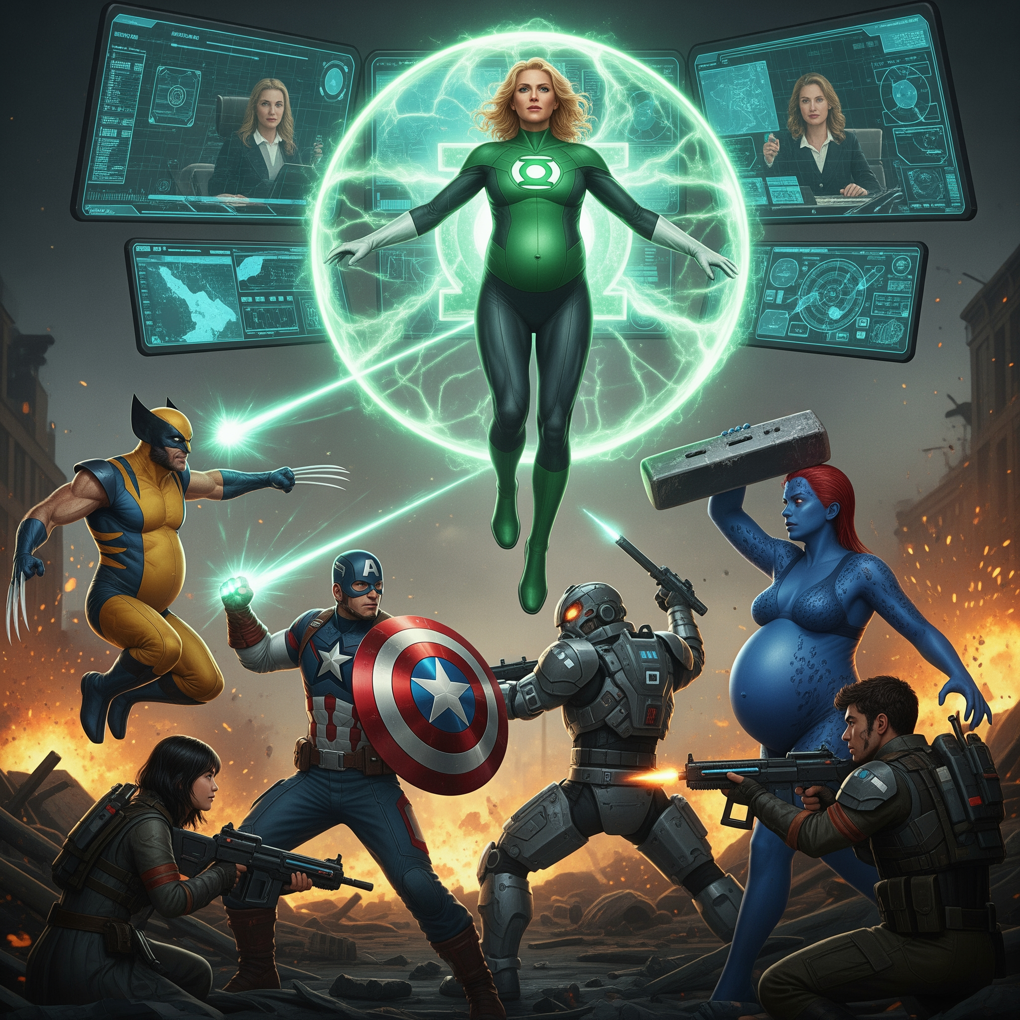 AI Design for Title: Carol Ferris: Emerald Legacy
In-universe Year: 1997  Story SummaryCarol Ferris takes a central role in this emotional and action-packed project. With her pregnancy now quite advanced, Carol is balancing her support for Hal Jordan’s legacy  while dealing with the dangers of the ongoing war.Lex Luthor,  sends a specialized strike team (including Tiger Claw and elite Arc Enemies forces) to target Carol directly, hoping to break Captain America’s spirit and remove the ring from play.Captain America (wielding both shield and ring), Wolverine, Mystique (also heavily pregnant), Kimiko, and Hughie rush to protect Carol while she learns to use the ring under extreme pressure.Key Moments:Carol Ferris stepping up as a hero in her own right — using the Green Lantern ring powerfully despite her pregnancy and inexperience.
Emotional, tender scenes between Carol and the team, highlighting the stakes of her pregnancy and Hal’s legacy.
Peggy Carter (also pregnant) coordinating from the command center with strong strategic moments alongside Carol.
A fierce protective battle with Wolverine & Mystique fighting to safeguard both pregnant women and their unborn children.
Captain America has an inspiring leadership sequence, combining his shield and ring in creative ways.
Hughie and Kimiko deliver crucial ground support during the chaos.

Climax:
The heroes successfully repel the attack on Carol. She proves herself worthy of the ring, but the battle leaves everyone exhausted as Luthor’s forces continue to press forward.Post-credits scene:
Lex Luthor watches the footage with a calculating smile. He turns to his remaining enforcers and says:
“They protect their future… We will simply take it away.”