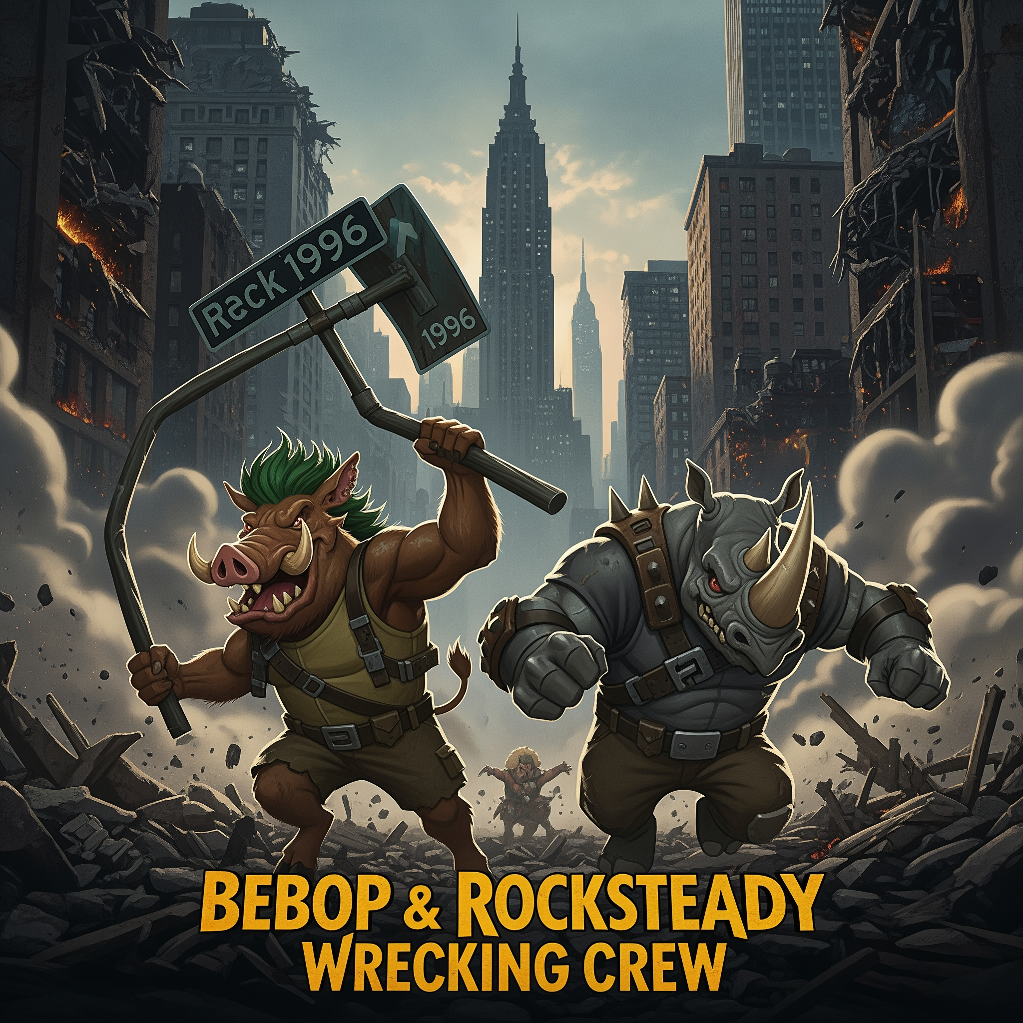 AI Design for Title: Bebop & Rocksteady: Wrecking Crew
In-universe Year: 1996  Story SummaryLex Luthor deploys two of his newest and most destructive recruits — Bebop and Rocksteady — the mutated warthog and rhino with immense strength, durability, and chaotic energy. Tasked with causing maximum destruction and drawing out the heroes, the duo rampages through major cities, destroying infrastructure and spreading panic.Captain America (wielding shield + Green Lantern ring), Wolverine, Mystique (now very close to giving birth), Kimiko, and Hughie must stop the rampage before it escalates into a national crisis.Key Moments:Chaotic, over-the-top action as Bebop and Rocksteady smash through buildings and vehicles with cartoonish levels of destruction (but in a dark 90s tone).
Captain America using creative combinations of his shield and Green Lantern constructs to contain the duo.
Wolverine has brutal close-quarters fights against the mutated pair.
Mystique uses her shapeshifting in clever ways despite her advanced pregnancy, showing her fierce protective instincts.
Hughie and Kimiko lead civilian evacuations and provide crucial support in the streets.
A funny yet tense moment where Bebop and Rocksteady’s bickering causes as much trouble for themselves as for the heroes.

Climax:
The heroes manage to defeat and capture Bebop and Rocksteady after a massive battle in New York, dealing another blow to Luthor’s new Arc Enemies roster. However, the city suffers heavy damage.Post-credits scene:
Lex Luthor watches the defeat of Bebop and Rocksteady without surprise. He turns to a new pod and says calmly:
“Primitive brutes… No matter. The next one will be much more refined.”

 i want you to make the poster of this movie
