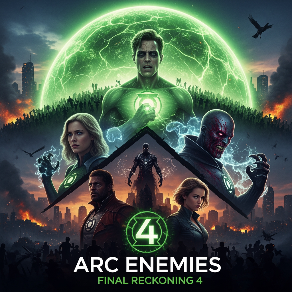 AI Design for Title: Arc Enemies: Final Reckoning 4
In-universe Year: 1995   Story SummaryThe war reaches its brutal climax. Lex Luthor and Stormfront, seeing their empire crumbling, unleash everything they have left. The full remaining Arc Enemies (Sabretooth, Crossbones, Black Hand, and their elite forces) launch an all-out final assault on the heroes’ last major strongholds.This is the biggest, darkest, and most emotional battle of the phase.The United Front (Captain America, Wolverine, Hal Jordan, Mystique, Soldier Boy remnants, Hughie, Frenchie, and Kimiko) makes their last stand.Key Events & Deaths:Hal Jordan has an epic final battle against Black Hand. He pushes his ring to its absolute limit, creating a colossal green construct to protect thousands of civilians. In the end, Hal makes the ultimate sacrifice — overloading his ring and life force to destroy Black Hand and a massive Arc Enemies battalion. Hal Jordan dies heroically. Before dying, he passes the ring to Carol Ferris, who becomes the new Green Lantern.
Frenchie dies protecting Kimiko and a group of civilians during a fierce street battle against Crossbones. He goes out in a blaze of glory, using every last explosive and gadget he has.
Sabretooth is finally killed by Wolverine in their most savage and personal fight yet.
Crossbones is defeated and killed by a combined effort from Captain America and Hughie.
Black Hand is destroyed by Hal Jordan’s final act.
Stormfront is killed in a massive team effort led by Wolverine, Captain America, and Kimiko after a devastating lightning storm battle.

Lex Luthor escapes at the last moment, watching the defeat from a safe distance. He is furious but already planning his next move.Emotional Highlights:Hal’s death is heroic and heartbreaking. Carol takes the ring in tears, vowing to continue his legacy.
Frenchie’s death is tragic and loyal — a final moment with Kimiko.
Mystique and Carol’s pregnancies are a beacon of hope amid the loss.
Captain America and Wolverine survive but are deeply scarred.

Ending:
The Arc Enemies are destroyed. Stormfront and the main enforcers are dead. The heroes win the battle, but the victory is extremely costly. The public finally turns against Luthor’s empire.Post-credits scene:
Lex Luthor, in a secret underground lab, stands before several new experimental pods containing enhanced subjects. He smiles coldly and says:
“The old Arc Enemies are gone… Time to build better ones.”
i want you to make this movie poster