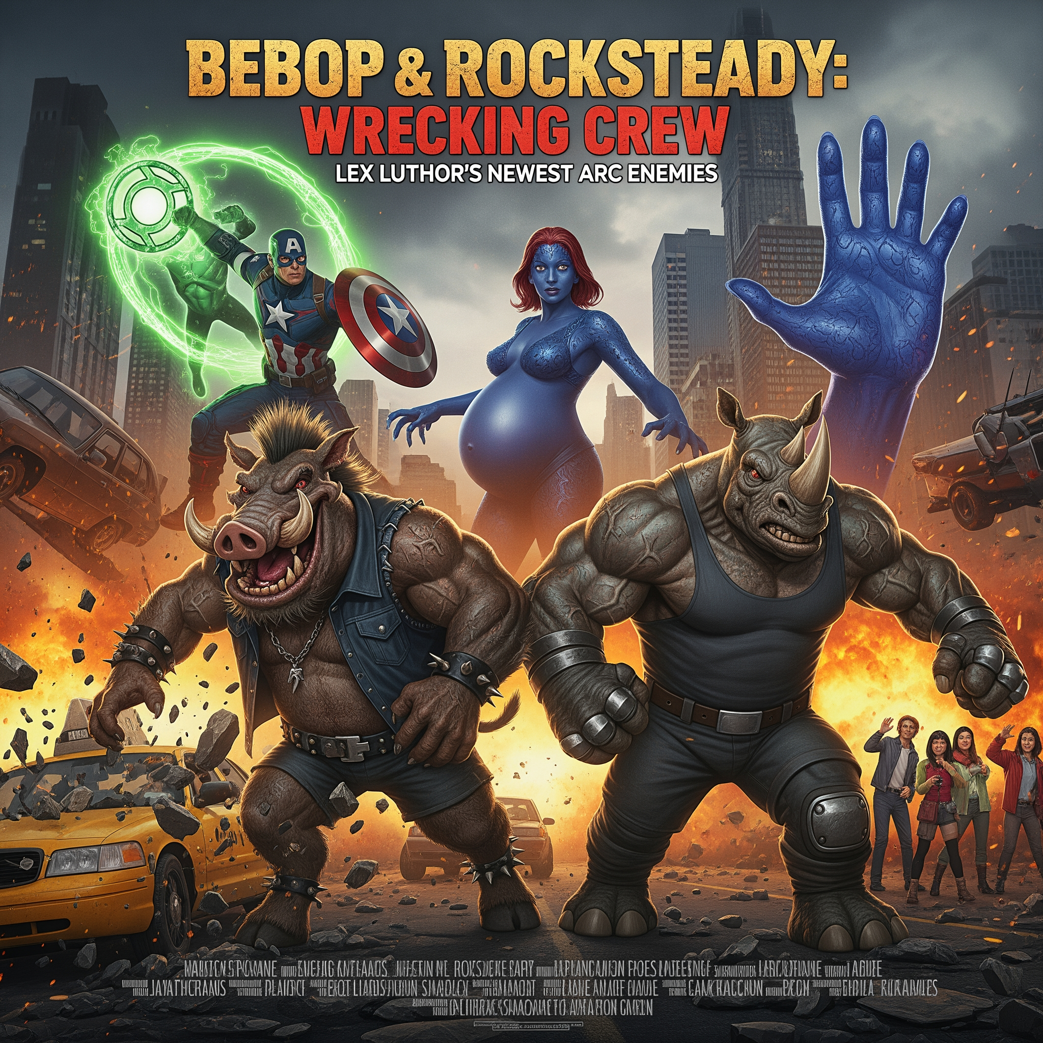 AI Design for Title: Bebop & Rocksteady: Wrecking Crew
In-universe Year: 1996  Story SummaryLex Luthor deploys two of his newest and most destructive recruits — Bebop and Rocksteady — the mutated warthog and rhino with immense strength, durability, and chaotic energy. Tasked with causing maximum destruction and drawing out the heroes, the duo rampages through major cities, destroying infrastructure and spreading panic.Captain America (wielding shield + Green Lantern ring), Wolverine, Mystique (now very close to giving birth), Kimiko, and Hughie must stop the rampage before it escalates into a national crisis.Key Moments:Chaotic, over-the-top action as Bebop and Rocksteady smash through buildings and vehicles with cartoonish levels of destruction (but in a dark 90s tone).
Captain America using creative combinations of his shield and Green Lantern constructs to contain the duo.
Wolverine has brutal close-quarters fights against the mutated pair.
Mystique uses her shapeshifting in clever ways despite her advanced pregnancy, showing her fierce protective instincts.
Hughie and Kimiko lead civilian evacuations and provide crucial support in the streets.
A funny yet tense moment where Bebop and Rocksteady’s bickering causes as much trouble for themselves as for the heroes.

Climax:
The heroes manage to defeat and capture Bebop and Rocksteady after a massive battle in New York, dealing another blow to Luthor’s new Arc Enemies roster. However, the city suffers heavy damage.Post-credits scene:
Lex Luthor watches the defeat of Bebop and Rocksteady without surprise. He turns to a new pod and says calmly:
“Primitive brutes… No matter. The next one will be much more refined.”

 i want you to make the poster of this movie