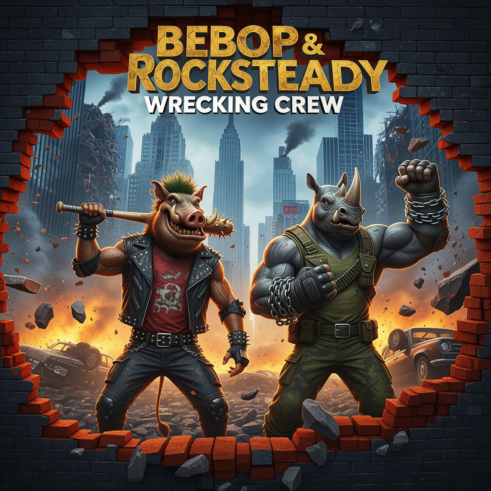 AI Design for Title: Bebop & Rocksteady: Wrecking Crew
In-universe Year: 1996  Story SummaryLex Luthor deploys two of his newest and most destructive recruits — Bebop and Rocksteady — the mutated warthog and rhino with immense strength, durability, and chaotic energy. Tasked with causing maximum destruction and drawing out the heroes, the duo rampages through major cities, destroying infrastructure and spreading panic.Captain America (wielding shield + Green Lantern ring), Wolverine, Mystique (now very close to giving birth), Kimiko, and Hughie must stop the rampage before it escalates into a national crisis.Key Moments:Chaotic, over-the-top action as Bebop and Rocksteady smash through buildings and vehicles with cartoonish levels of destruction (but in a dark 90s tone).
Captain America using creative combinations of his shield and Green Lantern constructs to contain the duo.
Wolverine has brutal close-quarters fights against the mutated pair.
Mystique uses her shapeshifting in clever ways despite her advanced pregnancy, showing her fierce protective instincts.
Hughie and Kimiko lead civilian evacuations and provide crucial support in the streets.
A funny yet tense moment where Bebop and Rocksteady’s bickering causes as much trouble for themselves as for the heroes.

Climax:
The heroes manage to defeat and capture Bebop and Rocksteady after a massive battle in New York, dealing another blow to Luthor’s new Arc Enemies roster. However, the city suffers heavy damage.Post-credits scene:
Lex Luthor watches the defeat of Bebop and Rocksteady without surprise. He turns to a new pod and says calmly:
“Primitive brutes… No matter. The next one will be much more refined.”

 i want you to make the poster of this movie