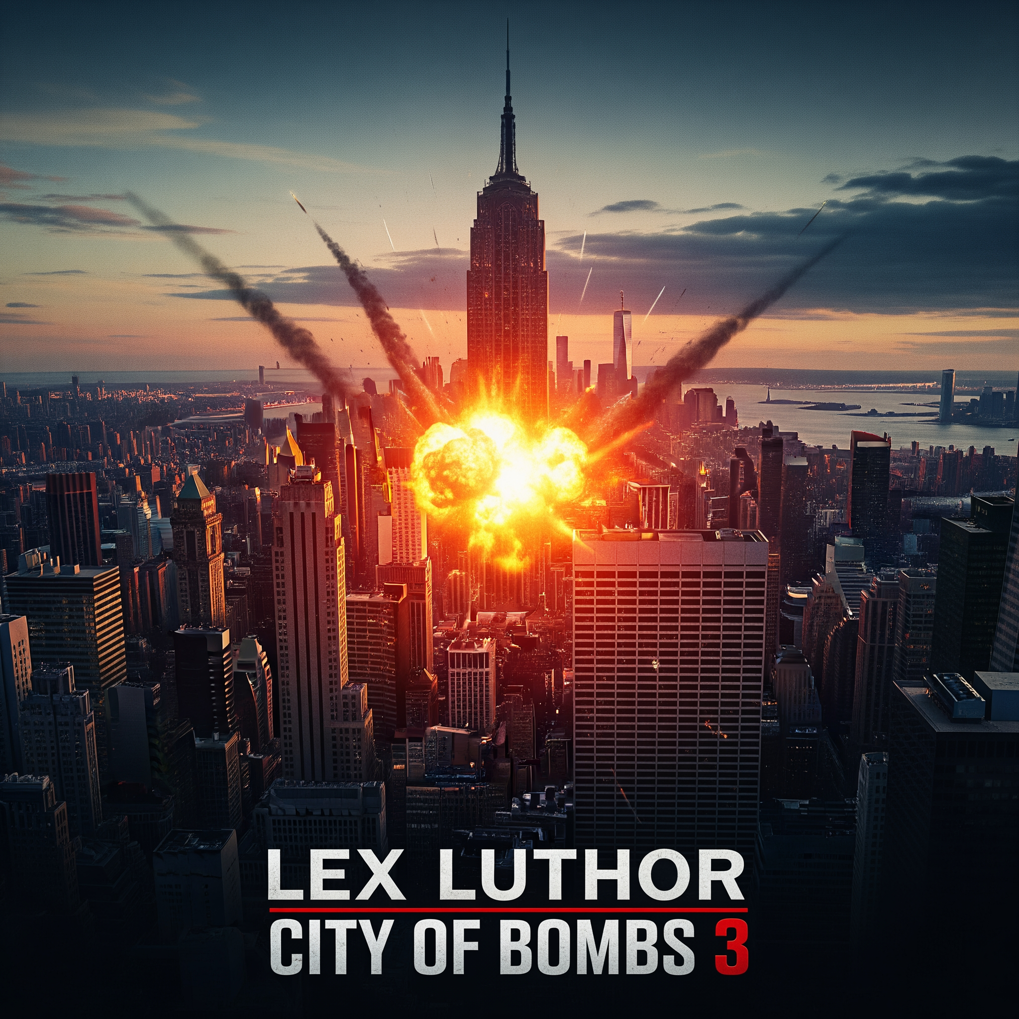 AI Design for Title: lex luthor City of Bombs 3
In-universe Year: 1997  Story SummaryLex Luthor, realizing his empire is collapsing, activates his most ruthless contingency plan yet. He orders the remaining Arc Enemies and his private forces to plant powerful bombs across major cities as a final act of terror and distraction.Kimiko leads a desperate mission with Hughie and Frenchie to disarm as many bombs as possible in New York. Meanwhile, Captain America, Wolverine, Mystique (with their newborn), Carol Ferris, and the rest of the team race against time to stop the larger threats.Key Moments & Tragic Death:Intense, high-pressure action as the team tries to locate and defuse dozens of bombs across the city.
Kimiko has several heroic moments, showcasing her incredible skills and ferocity.
In the climax, while trying to stop a massive bomb planted in a crowded evacuation center, Kimiko makes the ultimate sacrifice. She stays behind to hold off Lex’s elite guards and manually disarms the device, dying in the resulting explosion to save thousands of civilians.

The heroes manage to prevent a total catastrophe, but the city suffers heavy damage, and Kimiko’s death hits the team extremely hard — especially Frenchie and Hughie.Post-credits scene (Setup for Finale):
Lex Luthor stands in his fortified command center, surrounded by screens showing the chaos. He looks completely calm and says:
“They stopped the bombs… but they cannot stop what comes next. It’s time to end this.” make me the poster of this movie