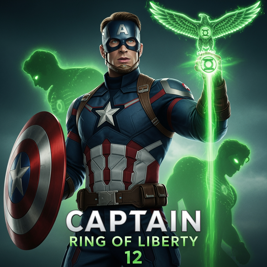 AI Design for Title: Captain America: Ring of Liberty 12
In-universe Year: 1995  Story SummaryFollowing the costly victory in Project #17, the team is mourning heavy losses. Hal Jordan’s death is a massive blow to morale. In his final moments, Hal chose Captain America as his successor, passing him the Green Lantern ring.Steve Rogers, now wielding both his shield and the Green Lantern ring, must learn to master this new power while leading a grieving team. Lex Luthor, undeterred by the defeat of the original Arc Enemies, begins recruiting a new deadly team of enforcers: Tiger Claw, Bebop, Rocksteady, and Omega Red.Key Moments:Emotional funeral scene for Hal Jordan.
Captain America’s first attempts to use the Green Lantern ring — powerful but difficult due to his strong sense of duty and willpower clashing with the ring’s nature.
Wolverine, Mystique (pregnant), Hughie, Frenchie (wait, Frenchie died in 17 — correction: remaining members), and Kimiko support Cap as he adjusts.
First appearance of Lex Luthor’s new recruits (Tiger Claw, Bebop, Rocksteady, Omega Red) in action.
A strong leadership moment where Captain America inspires the team despite their losses.

Post-credits scene:
Lex Luthor stands in a high-tech facility with his new villains. He looks at them and says:
“The old guard is dead or broken. Now… let’s introduce the world to its new nightmares.” i want you to make the poster of this movie