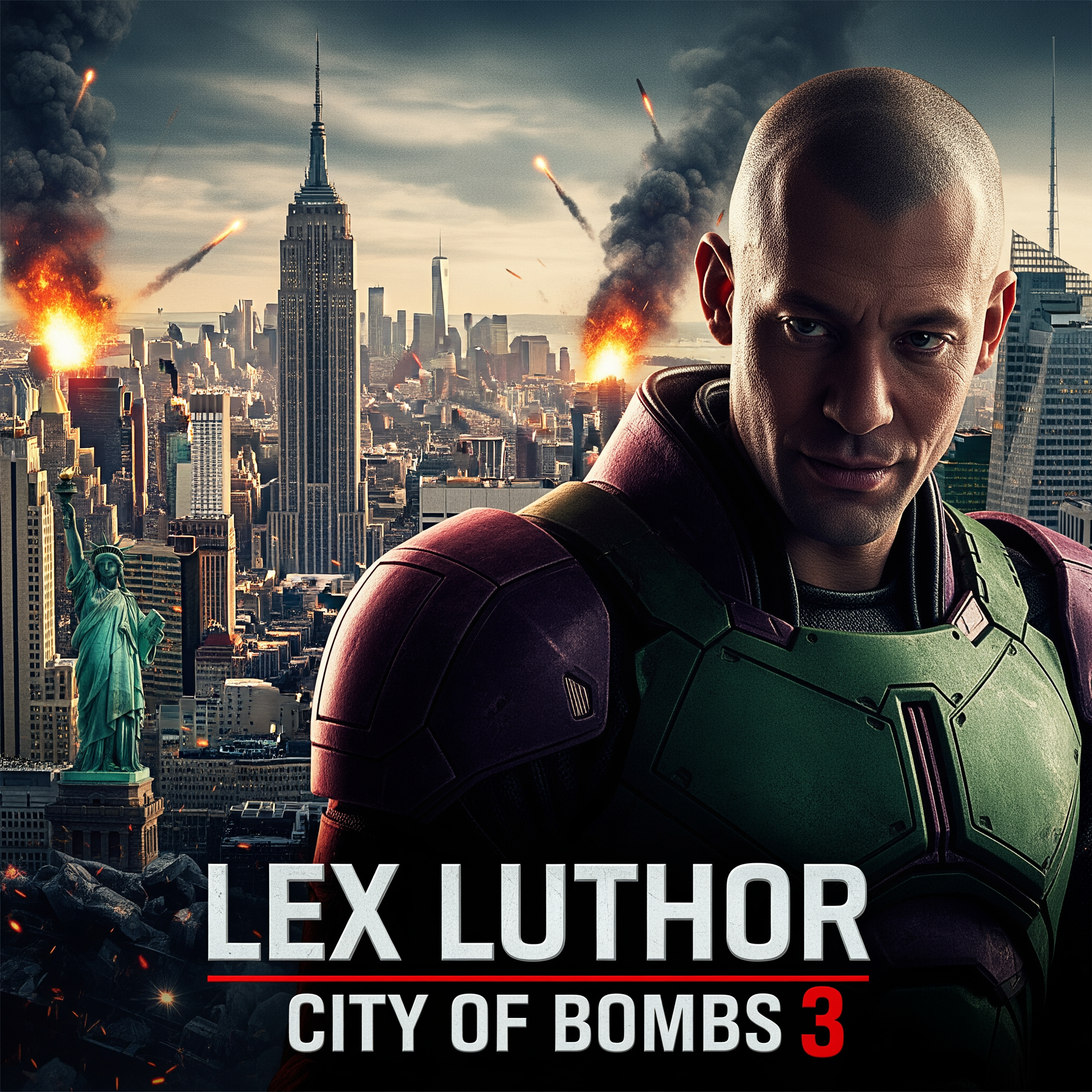 AI Design for Title: lex luthor City of Bombs 3
In-universe Year: 1997  Story SummaryLex Luthor, realizing his empire is collapsing, activates his most ruthless contingency plan yet. He orders the remaining Arc Enemies and his private forces to plant powerful bombs across major cities as a final act of terror and distraction.Kimiko leads a desperate mission with Hughie and Frenchie to disarm as many bombs as possible in New York. Meanwhile, Captain America, Wolverine, Mystique (with their newborn), Carol Ferris, and the rest of the team race against time to stop the larger threats.Key Moments & Tragic Death:Intense, high-pressure action as the team tries to locate and defuse dozens of bombs across the city.
Kimiko has several heroic moments, showcasing her incredible skills and ferocity.
In the climax, while trying to stop a massive bomb planted in a crowded evacuation center, Kimiko makes the ultimate sacrifice. She stays behind to hold off Lex’s elite guards and manually disarms the device, dying in the resulting explosion to save thousands of civilians.

The heroes manage to prevent a total catastrophe, but the city suffers heavy damage, and Kimiko’s death hits the team extremely hard — especially Frenchie and Hughie.Post-credits scene (Setup for Finale):
Lex Luthor stands in his fortified command center, surrounded by screens showing the chaos. He looks completely calm and says:
“They stopped the bombs… but they cannot stop what comes next. It’s time to end this.” make me the poster of this movie