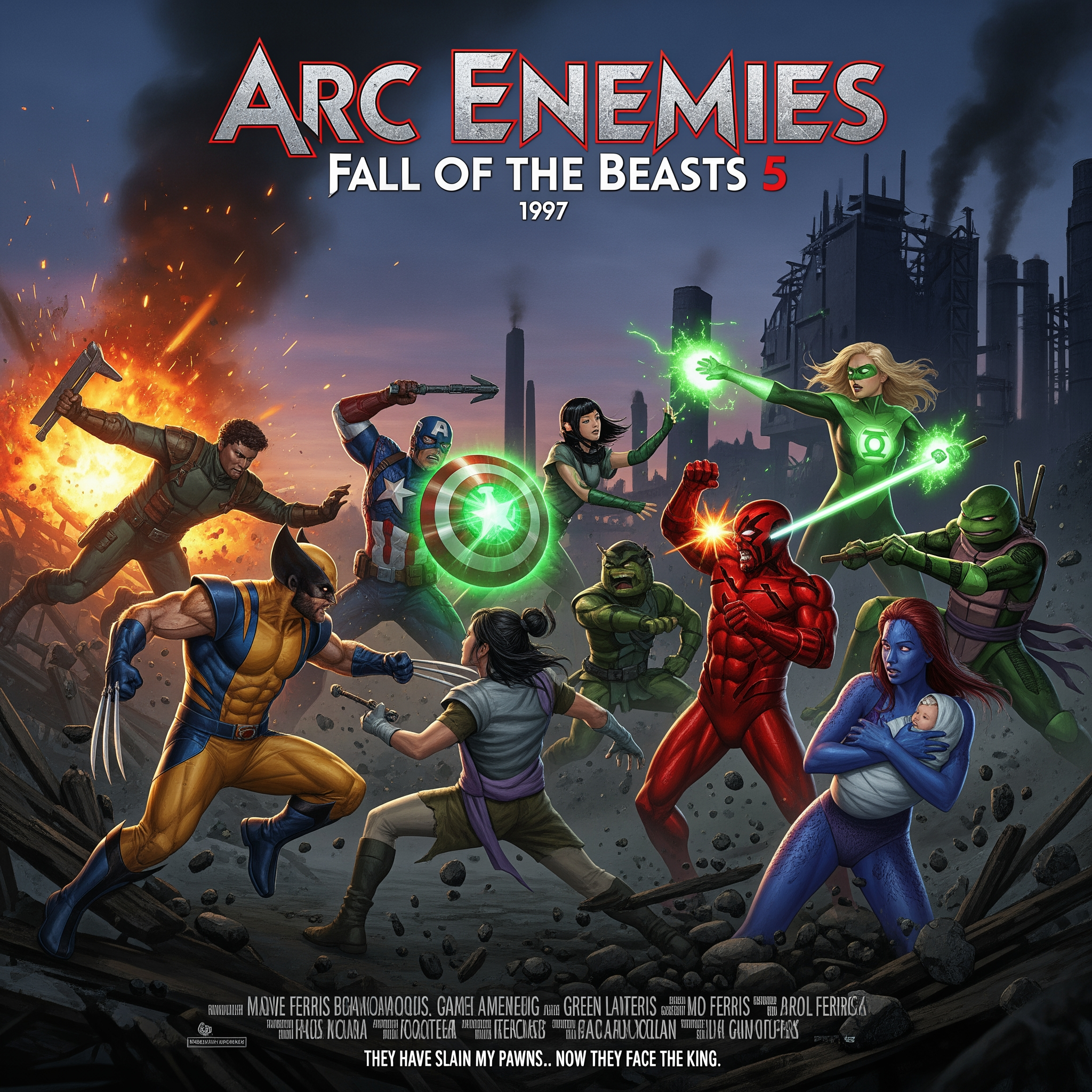 AI Design for Title: Arc Enemies: Fall of the Beasts 5
In-universe Year: 1997  Story SummaryLex Luthor’s new enforcers — Tiger Claw, Bebop, Rocksteady, and Omega Red — launch a final, desperate coordinated assault to destroy the remaining heroes before Luthor’s endgame. This is the biggest battle since Project #17.The full United Front (Captain America with the Green Lantern ring, Wolverine, Mystique (now with their newborn son), Carol Ferris, Kimiko, Hughie, and Splinter’s remaining students) makes their stand in a ruined industrial city.Key Moments & Deaths:Tiger Claw is killed by Wolverine in an extremely savage and personal martial arts duel.
Bebop & Rocksteady are defeated in a chaotic, destructive battle by Captain America (using shield + ring) and Kimiko, with Hughie providing crucial support.
Omega Red is finally destroyed by a combined effort from Carol Ferris (Green Lantern) and Splinter (using his wisdom and precise strikes to exploit weaknesses).
All four recruited villains die in this project, delivering a massive blow to Lex Luthor’s forces.

The heroes win the battle, but it is incredibly costly. The team is left battered, and public exhaustion with the endless fighting is at its peak.Emotional Highlights:Mystique and Wolverine protecting their newborn son during the chaos.
Carol Ferris fully embracing her role as the new Green Lantern.
Captain America showing unwavering leadership even as the weight of leadership grows heavier.
Splinter has a wise, mentor-like final stand moment.

Post-credits scene:
Lex Luthor stands alone in his heavily fortified command center, surrounded by the remnants of his empire. He looks at the footage of his enforcers’ defeat without panic. He adjusts his tie and says with cold confidence:
“They have slain my pawns… Now they face the king.”

make me the poster of this movie