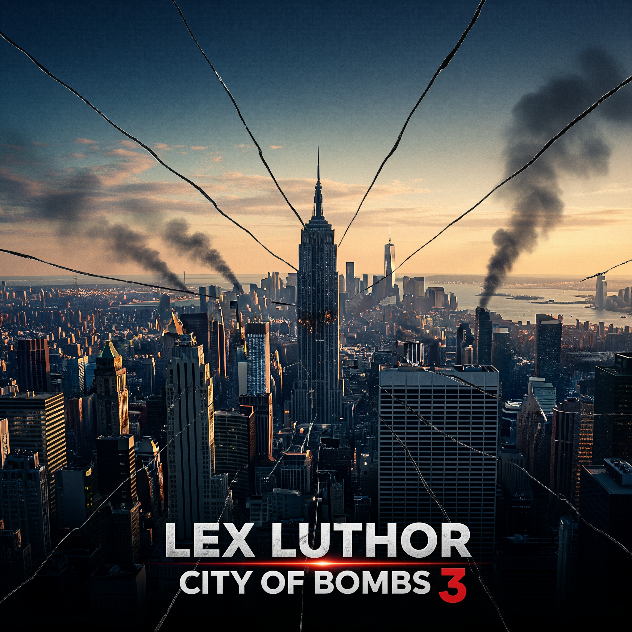 AI Design for Title: lex luthor City of Bombs 3
In-universe Year: 1997  Story SummaryLex Luthor, realizing his empire is collapsing, activates his most ruthless contingency plan yet. He orders the remaining Arc Enemies and his private forces to plant powerful bombs across major cities as a final act of terror and distraction.Kimiko leads a desperate mission with Hughie and Frenchie to disarm as many bombs as possible in New York. Meanwhile, Captain America, Wolverine, Mystique (with their newborn), Carol Ferris, and the rest of the team race against time to stop the larger threats.Key Moments & Tragic Death:Intense, high-pressure action as the team tries to locate and defuse dozens of bombs across the city.
Kimiko has several heroic moments, showcasing her incredible skills and ferocity.
In the climax, while trying to stop a massive bomb planted in a crowded evacuation center, Kimiko makes the ultimate sacrifice. She stays behind to hold off Lex’s elite guards and manually disarms the device, dying in the resulting explosion to save thousands of civilians.

The heroes manage to prevent a total catastrophe, but the city suffers heavy damage, and Kimiko’s death hits the team extremely hard — especially Frenchie and Hughie.Post-credits scene (Setup for Finale):
Lex Luthor stands in his fortified command center, surrounded by screens showing the chaos. He looks completely calm and says:
“They stopped the bombs… but they cannot stop what comes next. It’s time to end this.” make me the poster of this movie