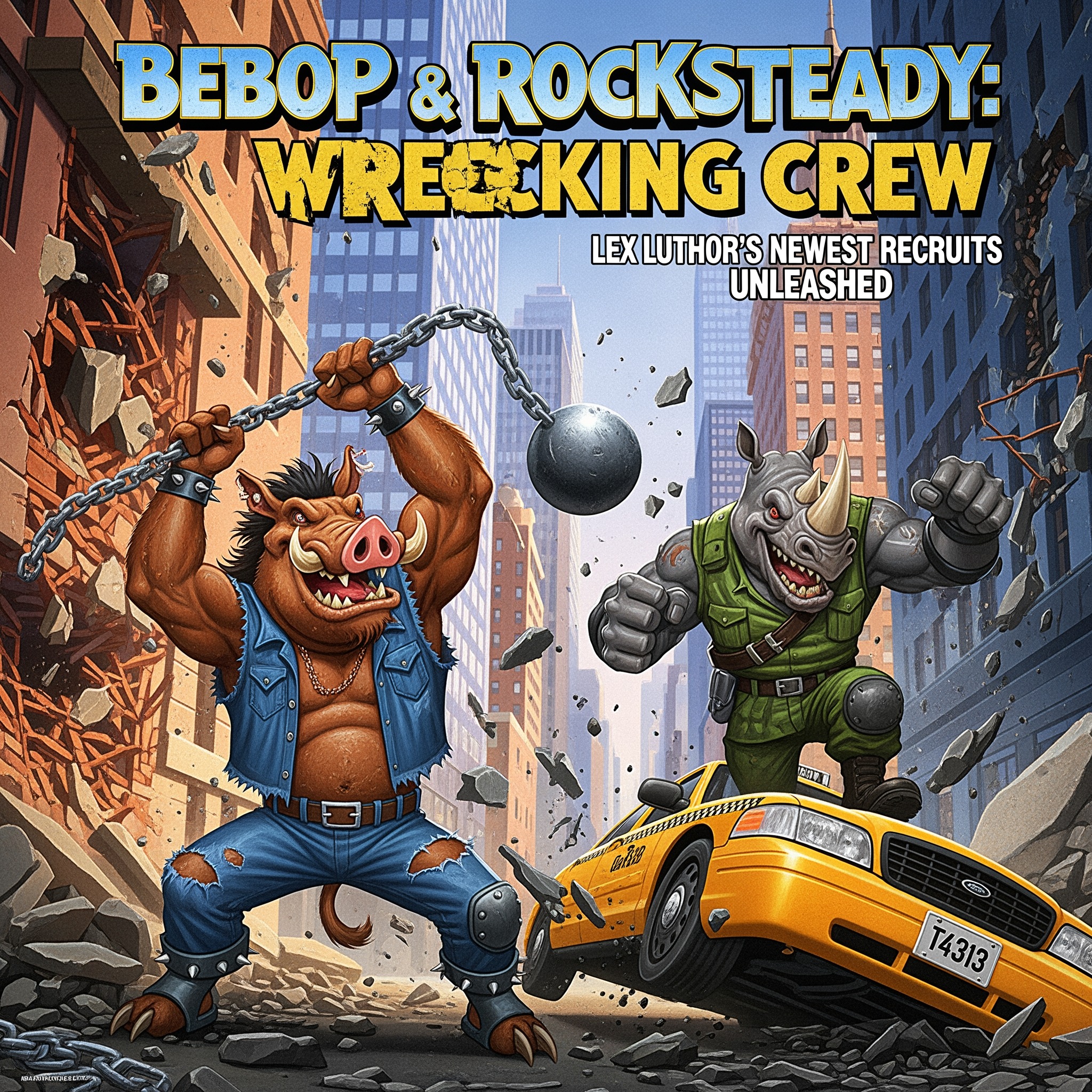 AI Design for Title: Bebop & Rocksteady: Wrecking Crew
In-universe Year: 1996  Story SummaryLex Luthor deploys two of his newest and most destructive recruits — Bebop and Rocksteady — the mutated warthog and rhino with immense strength, durability, and chaotic energy. Tasked with causing maximum destruction and drawing out the heroes, the duo rampages through major cities, destroying infrastructure and spreading panic.Captain America (wielding shield + Green Lantern ring), Wolverine, Mystique (now very close to giving birth), Kimiko, and Hughie must stop the rampage before it escalates into a national crisis.Key Moments:Chaotic, over-the-top action as Bebop and Rocksteady smash through buildings and vehicles with cartoonish levels of destruction (but in a dark 90s tone).
Captain America using creative combinations of his shield and Green Lantern constructs to contain the duo.
Wolverine has brutal close-quarters fights against the mutated pair.
Mystique uses her shapeshifting in clever ways despite her advanced pregnancy, showing her fierce protective instincts.
Hughie and Kimiko lead civilian evacuations and provide crucial support in the streets.
A funny yet tense moment where Bebop and Rocksteady’s bickering causes as much trouble for themselves as for the heroes.

Climax:
The heroes manage to defeat and capture Bebop and Rocksteady after a massive battle in New York, dealing another blow to Luthor’s new Arc Enemies roster. However, the city suffers heavy damage.Post-credits scene:
Lex Luthor watches the defeat of Bebop and Rocksteady without surprise. He turns to a new pod and says calmly:
“Primitive brutes… No matter. The next one will be much more refined.”

 i want you to make the poster of this movie