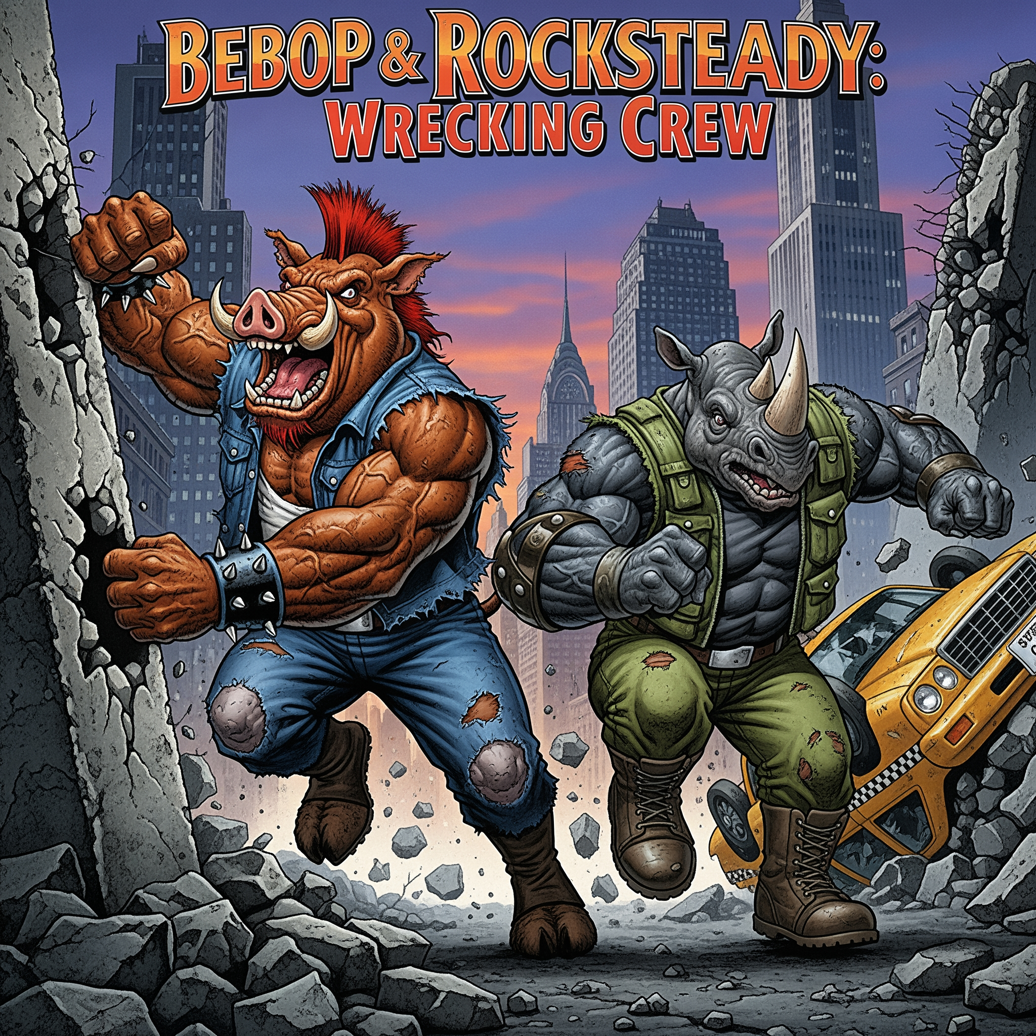 AI Design for Title: Bebop & Rocksteady: Wrecking Crew
In-universe Year: 1996  Story SummaryLex Luthor deploys two of his newest and most destructive recruits — Bebop and Rocksteady — the mutated warthog and rhino with immense strength, durability, and chaotic energy. Tasked with causing maximum destruction and drawing out the heroes, the duo rampages through major cities, destroying infrastructure and spreading panic.Captain America (wielding shield + Green Lantern ring), Wolverine, Mystique (now very close to giving birth), Kimiko, and Hughie must stop the rampage before it escalates into a national crisis.Key Moments:Chaotic, over-the-top action as Bebop and Rocksteady smash through buildings and vehicles with cartoonish levels of destruction (but in a dark 90s tone).
Captain America using creative combinations of his shield and Green Lantern constructs to contain the duo.
Wolverine has brutal close-quarters fights against the mutated pair.
Mystique uses her shapeshifting in clever ways despite her advanced pregnancy, showing her fierce protective instincts.
Hughie and Kimiko lead civilian evacuations and provide crucial support in the streets.
A funny yet tense moment where Bebop and Rocksteady’s bickering causes as much trouble for themselves as for the heroes.

Climax:
The heroes manage to defeat and capture Bebop and Rocksteady after a massive battle in New York, dealing another blow to Luthor’s new Arc Enemies roster. However, the city suffers heavy damage.Post-credits scene:
Lex Luthor watches the defeat of Bebop and Rocksteady without surprise. He turns to a new pod and says calmly:
“Primitive brutes… No matter. The next one will be much more refined.”

 i want you to make the poster of this movie