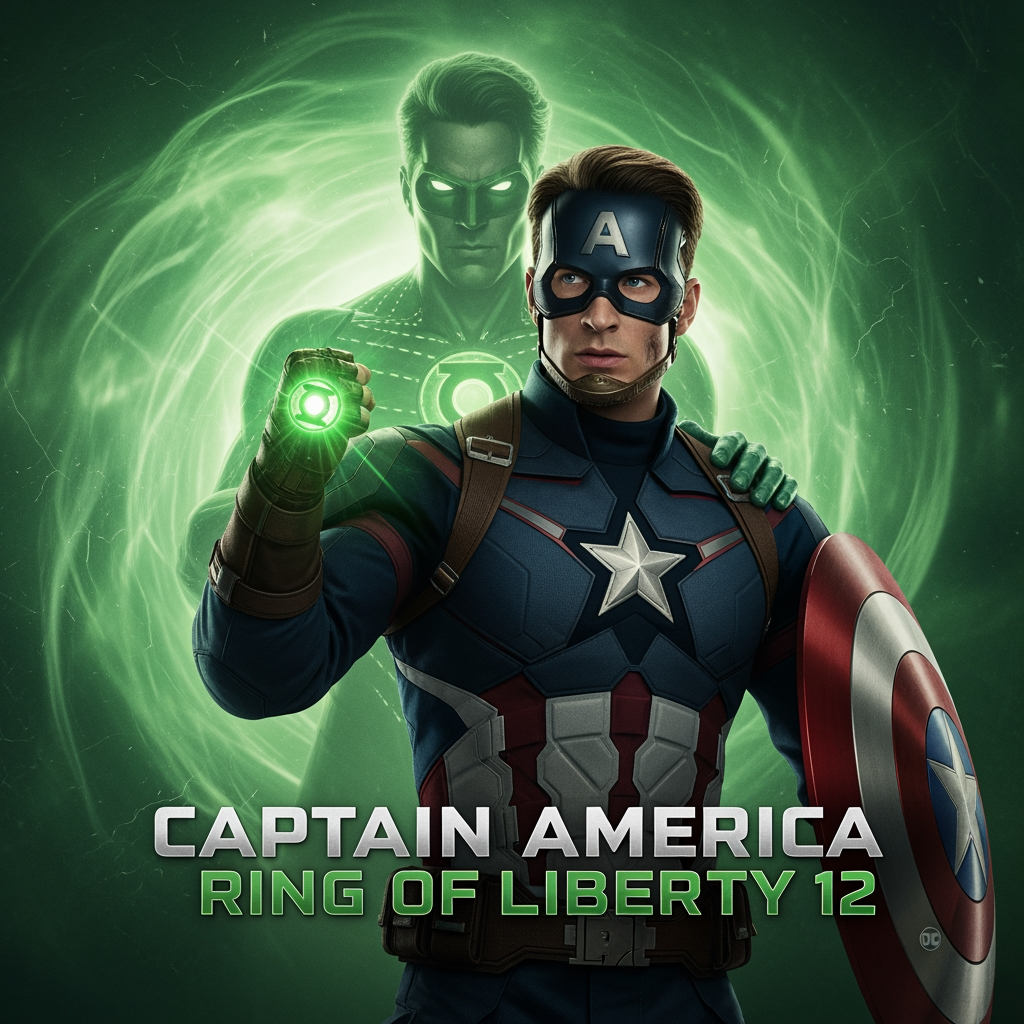 AI Design for Title: Captain America: Ring of Liberty 12
In-universe Year: 1995  Story SummaryFollowing the costly victory in Project #17, the team is mourning heavy losses. Hal Jordan’s death is a massive blow to morale. In his final moments, Hal chose Captain America as his successor, passing him the Green Lantern ring.Steve Rogers, now wielding both his shield and the Green Lantern ring, must learn to master this new power while leading a grieving team. Lex Luthor, undeterred by the defeat of the original Arc Enemies, begins recruiting a new deadly team of enforcers: Tiger Claw, Bebop, Rocksteady, and Omega Red.Key Moments:Emotional funeral scene for Hal Jordan.
Captain America’s first attempts to use the Green Lantern ring — powerful but difficult due to his strong sense of duty and willpower clashing with the ring’s nature.
Wolverine, Mystique (pregnant), Hughie, Frenchie (wait, Frenchie died in 17 — correction: remaining members), and Kimiko support Cap as he adjusts.
First appearance of Lex Luthor’s new recruits (Tiger Claw, Bebop, Rocksteady, Omega Red) in action.
A strong leadership moment where Captain America inspires the team despite their losses.

Post-credits scene:
Lex Luthor stands in a high-tech facility with his new villains. He looks at them and says:
“The old guard is dead or broken. Now… let’s introduce the world to its new nightmares.” i want you to make the poster of this movie