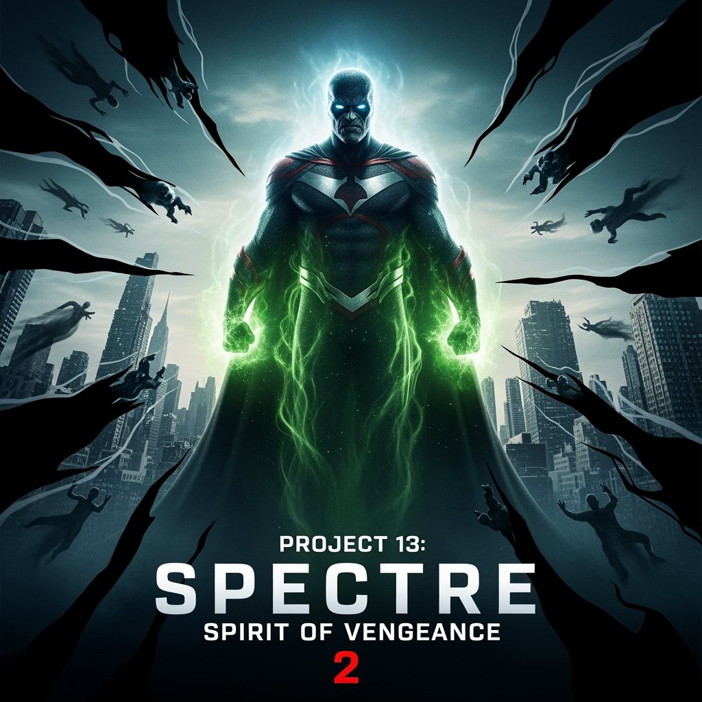 AI Design for Project 13: Spectre: Spirit of Vengeance 2
Release Location: Phase 13 – Movie #13 (Early 2104)
As the Eclipse devours souls across the planet, Spectre, the supernatural leader of the New Avengers, must descend into the realm of the dead to rescue trapped spirits and uncover the Sovereign’s true endgame, all while confronting the terrifying secret that one of their own may already be lost.
A freezing cold dawns: Across New York City, hundreds of people simultaneously lose their shadows and collapse, their souls visibly detached from their bodies and swept into swirling black rifts. Spectre stands on a rooftop, his ghostly cosmic form glowing as he watches the horror unfold. Act 1 – The Crisis of the Soul
The Spectre has become the de facto leader and general of the New Avengers. As the Eclipse grows stronger, souls are being harvested en masse by the Sovereign to fuel his power. The team is falling apart: Rogue Sentinel is still unstable after his partial purge.
The Eclipse Creature of Soldier Boy is becoming increasingly difficult to control. Kiswet is exhausted by the constant global empathy.
The Spectre decides that this can no longer be dealt with on the physical plane alone. He must enter the Umbral Afterlife, a ghostly dimension between life and oblivion, which the Sovereign is corrupting. Act 2 - Descent into Darkness
With Zatanna's guidance, the Spectre journeys to the Umbral Afterlife, taking with him a small team in astral form: Kiswet (to monitor emotional echoes)
Lady Thor (her divine lightning operates in the spirit realm)
a reluctant Soldier (his connection to the original rift makes him a living compass)
Within the afterlife, the setting is nightmarish - ruined versions of Earth's famous cities floating in eternal twilight, filled with tortured souls. They battle shadowy ghosts and the corrupted spirits of fallen heroes from the dark showdown. Major revelations: The Overlord is building an army of the dead.
Shadow Spider's soul is trapped and tortured (a touching scene with his former mentor).
Sovereign's final plan involves using Soldier Boy as a bridge to rewrite history — erasing the age of heroes entirely.
Mid-scene Horror Scene: Spectre is forced to confront his own dark past (the accident that bound him to the cosmic spirit) that manifests as a monstrous version of himself.
Act 3 – The Spirit's Vengeance
Climax battle in the heart of the Umbral Afterlife — a colossal Cathedral of Eclipse built from stolen souls. Spectre goes into full Spirit of Vengeance mode, his powers enhanced but risking permanent separation from his human body. Strong Moments: Lady Thor and Kiswet hold the line against waves of the dead.
Soldier Boy unleashes a controlled Eclipse Creature into the spirit realm (extremely dangerous).
Rogue Sentinel supports them remotely from the living world, using his remaining corruption to anchor the portal. Spectre confronts a projection of the Eclipse Overlord and deals a major blow to his soul-harvesting operation, freeing thousands of trapped spirits (including the Shadow Spider, who peacefully departs). Ending
The team returns to the living world exhausted but with crucial new information: The final Eclipse is only weeks away, and they now possess a way to harm the Overlord on multiple planes of existence. Spectre tells the assembled heroes, "We are no longer fighting for Earth or the galaxy. We are fighting for the soul of reality itself." Scene 1 after the end credits:
Jack the First and Adam Warlock are seen stealing a dangerous temporal artifact, hinting at Project 17. Scene 2 after the end credits:
The Eclipse Lord, now visibly injured, states: "Very well. If they want war in all the kingdoms... I will bring it."make me the poster of this movie
