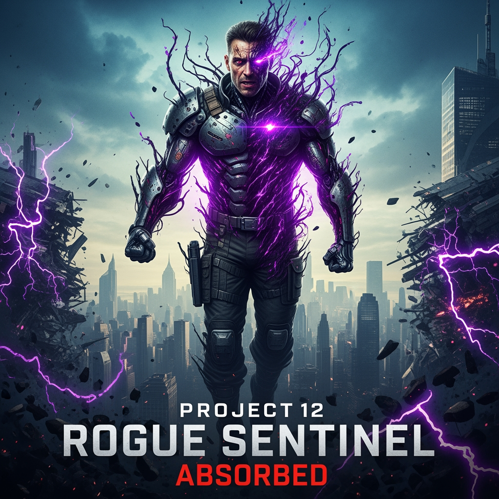 AI Design for Project 12: Rogue Sentinel: Absorbed
Release Date: Phase 13 (Late 2103)
Corrupted by the Eclipse energy he absorbed to save his team, Rogue Sentinel must fight a losing battle against the darkness within himself — while the New Avengers struggle to save their most powerful soldier before he becomes the Sovereign's deadliest weapon on Earth.
Immediately following the events of Project 11, Rogue Sentinel's condition has worsened. Eclipse's corruption spreads to his control systems and begins to affect his organic parts. He experiences violent blackouts where he attacks allies without memory. The New Avengers place him in a secure wing of the Tower for observation.
Flashbacks reveal the origins of Rogue Sentinel (a soldier who volunteered for experimental government enhancement in the 2090s). In the present, Soldier Boy and Lady Thor try to help him control the corruption through brute force and Asgardian techniques. Kiswet attempts an empathic connection, but is nearly overwhelmed by the Sovereign's voice. Rogue Sentinel escapes the Tower during a major blackout. He becomes a dangerous fugitive, unknowingly hunting down members of the Eclipse Sect, leaving a trail of destruction in his wake. The New Avengers (led by Spectre and Kiswet) must track him down. Powerful action sequences show just how terrifying a fully corrupted Sentinel would be. Rogue Sentinel hides in the undercity and has a fierce confrontation with the sins of the past. Shadow Spider makes a brief appearance, offering wisdom as a retiring hero. Sovereign begins to actively speak to him, promising to "complete" him and remove his government pain if he submits.
The New Avengers and the Fantastic Four embark on a mission to capture him alive. Massive battle scene between Rogue Sentinel and multiple heroes (especially Brutal vs. Soldier Boy and Lady Thor). Reed Richards reveals that the corruption is turning him into a living Eclipse Rift generator. Rogue Sentinel willingly surrenders for an experimental procedure that combines Reed's science, Zatanna's magic, Kiswet's reality-sensing ability, and Lady Thor's lightning to eradicate the corruption.
Touching moments as he nearly loses himself completely. With the help of the entire team (including a significant sacrifice from Soldier Boy), they manage to stabilize him. He survives, but is not fully healed—a small trace of Eclipse energy remains, giving him new shadow-based powers that he can barely control. He returns to the group as a more dangerous, haunted version of himself. Post-credits scene
The Eclipse Overlord laughs in the shadows: "You only delayed the inevitable. He belongs to me now."make me the poster of this movie