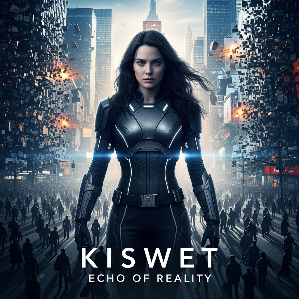 AI Design for Project 10: Kiswet: Echo of Reality
Release Date: Phase 1 – Movie #10 (2103)
Scourged by overwhelming visions of a dying universe, Kiswet must master the reality-warping powers of empathy before the Eclipse overwhelms her mind — all the while confronting the terrifying possibility that Soldier Boy may be the key to either saving or dooming everything.
Kiswet stands in the middle of a busy New York City street as thousands of people suddenly lose their shadows. She collapses, overwhelmed by a flood of fear, pain, and darkness that overflows her mind. She sees a vision of the Sun eclipsed and the Earth frozen in eternal night. Act 1 – The Empathy That Breaks
Kiswet struggles badly. Her powers have become too powerful — she feels every emotion on the planet as the Eclipse spreads, leading her to a breakdown. Zatanna and Lady Thor (from previous works) help her, but it's not enough. The New Avengers assign her a special mission: Use her abilities to explore Soldier Boy's mind and timeline, hoping to find a weakness in the Eclipse or a way to send him home safely. Soldier Boy reluctantly agrees. Act 2 – Echoes of the Past
Kiswet and Soldier Boy enter a deep psychic/mystical connection (with Zatanna's help). They travel through Soldier Boy's memories from 1988 - we see extensive flashbacks to his past, Captain America, and the exact moment the portal pulls him in. During the mind-travel: Kiswet witnesses Soldier Boy's worst atrocities and traumas.
Soldier Boy is forced to confront the pain he has caused.
They discover that the Eclipse Overlord has been subtly influencing Soldier Boy since 1988, using him as a "time anchor."
Reality begins to unravel around them. Shadowy versions of Kiswet's greatest fears manifest — including a corrupted version of herself as the Lady's bride. Mid-story twist: Kiswet learns that she and Elias Voss share a distant ancestral connection, which makes her particularly vulnerable to the Eclipse. Act 3 – Reality Unfolds
A climactic battle within a collapsing “Echo Realm” — a pocket of shattered memories and realities. Kiswet must battle shadowy versions of the entire team (including a fully corrupted Rogue Sentinel and a monstrous Soldier Boy). With the help of Lady Thor (who enters the realm to support her) and a projection of Zatanna, Kiswet makes a major breakthrough. She learns not only to feel emotions, but to reshape them — transforming fear into courage and darkness into light. She pulls both herself and Soldier Boy out of the Echo Realm, significantly weakening a large Eclipse Rift in the process. Ending
Kiswet emerges stronger and more in control than ever. She tells the team that she is ready for the coming war. In a quiet final scene with Soldier Boy, she says, "You are not just a weapon from the past, Ben. You can still choose who you want to be." Soldier Boy is visibly shaken and more determined than ever. Scene 1 after the end credits:
The Mistress of the Eclipse speaks directly to Kiswet in her mind: "Well done, little echo... You will make a fine vessel." Scene 2 after the end credits:
Manhunter and Yondu are seen arriving on Earth, bringing urgent news from the New Guardians about entire sectors of space going dark.make me the poster of this movie
