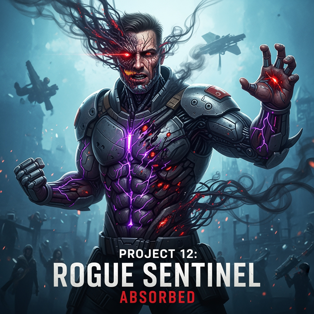 AI Design for Project 12: Rogue Sentinel: Absorbed
Release Date: Phase 13 (Late 2103)
Corrupted by the Eclipse energy he absorbed to save his team, Rogue Sentinel must fight a losing battle against the darkness within himself — while the New Avengers struggle to save their most powerful soldier before he becomes the Sovereign's deadliest weapon on Earth.
Immediately following the events of Project 11, Rogue Sentinel's condition has worsened. Eclipse's corruption spreads to his control systems and begins to affect his organic parts. He experiences violent blackouts where he attacks allies without memory. The New Avengers place him in a secure wing of the Tower for observation.
Flashbacks reveal the origins of Rogue Sentinel (a soldier who volunteered for experimental government enhancement in the 2090s). In the present, Soldier Boy and Lady Thor try to help him control the corruption through brute force and Asgardian techniques. Kiswet attempts an empathic connection, but is nearly overwhelmed by the Sovereign's voice. Rogue Sentinel escapes the Tower during a major blackout. He becomes a dangerous fugitive, unknowingly hunting down members of the Eclipse Sect, leaving a trail of destruction in his wake. The New Avengers (led by Spectre and Kiswet) must track him down. Powerful action sequences show just how terrifying a fully corrupted Sentinel would be. Rogue Sentinel hides in the undercity and has a fierce confrontation with the sins of the past. Shadow Spider makes a brief appearance, offering wisdom as a retiring hero. Sovereign begins to actively speak to him, promising to "complete" him and remove his government pain if he submits.
The New Avengers and the Fantastic Four embark on a mission to capture him alive. Massive battle scene between Rogue Sentinel and multiple heroes (especially Brutal vs. Soldier Boy and Lady Thor). Reed Richards reveals that the corruption is turning him into a living Eclipse Rift generator. Rogue Sentinel willingly surrenders for an experimental procedure that combines Reed's science, Zatanna's magic, Kiswet's reality-sensing ability, and Lady Thor's lightning to eradicate the corruption.
Touching moments as he nearly loses himself completely. With the help of the entire team (including a significant sacrifice from Soldier Boy), they manage to stabilize him. He survives, but is not fully healed—a small trace of Eclipse energy remains, giving him new shadow-based powers that he can barely control. He returns to the group as a more dangerous, haunted version of himself. Post-credits scene
The Eclipse Overlord laughs in the shadows: "You only delayed the inevitable. He belongs to me now."make me the poster of this movie