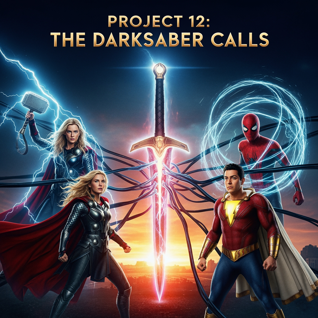 AI Design for Project 12: The Darksaber Calls
Release Location: Phase 3 – Movie #12 (Ends 21-16) As Mandalore the Lesser’s armada gathers strength, the Darksaber begins to actively summon multiple heroes, causing dangerous divisions within the New Avengers and forcing Lady Thor, Spider Weaver, and Shazam to compete for its power —
The Darksaber, locked away in the vault of Unity Tower, begins to glow and vibrate violently. It projects visions and whispers into the base, summoning those it deems worthy
.Act 1 – The Blade’s Crisis
The Darksaber begins to affect several heroes: Lady Thor hears it most strongly (Asgardian + warrior spirit).
Spider Weaver feels a strange connection through the powers of his reality.
Shazam is drawn to his raw magical energy.
This creates real tension and jealousy within the team. Spectre warns that the blade is testing them — and could corrupt anyone who claims it. Meanwhile, Mandalore the Lesser sends elite strike teams (led by Jim Fett) to Earth to weaken the defenses and gather information about the Darksaber.
Act 2 – Divided We Are
The team falls apart as different members try to prove themselves worthy of the blade: Lady Thor undergoes ancient trials in New Asgard.
Spider Weaver experiments with combining the blade’s energy with his webs.
Shazam struggles with whether the blade's power would make him more like Black Adam.
Act 3 – Value
A massive battle erupts when Mandalore the Lesser's forces directly attack the Unity Tower to seize the Darksaber. Amidst the chaos, the blade finally chooses its temporary wielder in battle. A dramatic sequence follows where a hero wields it alongside his own powers. The Young Avengers manage to fend off the attack, but the Darksaber remains unstable. The team realizes they can't hide it forever—they must prepare for the full-scale Final Crusade that is now inevitable.
Ending
The heroes reconcile and grow closer despite the blade's influence. They begin final preparations for the coming war. Lady Thor tells the group: "When the real war comes... we will face it together. With blade or without blade."
Scene 1 after the end credits:
Mandalor the Lesser, on his flagship, smiles grimly: "They fight for my birthright. Leave them alone. I will soon take them from their corpses. make me the poster of this movie