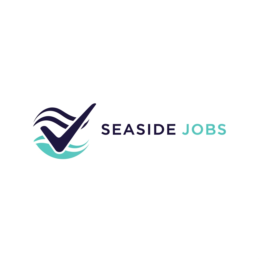 AI Design for A minimalist, modern vector logo for a hospitality booking platform named Seaside Jobs. The design features a clean, stylized icon merging a subtle wave silhouette with a professional checkmark or clipboard element, using a soothing coastal color palette of deep navy and soft turquoise. The aesthetic is sleek, flat, and highly legible at small scales, optimized for a navigation bar and browser favicon.
