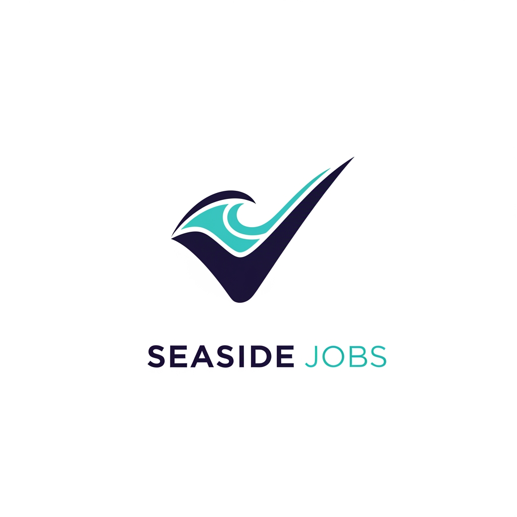 AI Design for A minimalist, modern vector logo for a hospitality booking platform named Seaside Jobs. The design features a clean, stylized icon merging a subtle wave silhouette with a professional checkmark or clipboard element, using a soothing coastal color palette of deep navy and soft turquoise. The aesthetic is sleek, flat, and highly legible at small scales, optimized for a navigation bar and browser favicon.