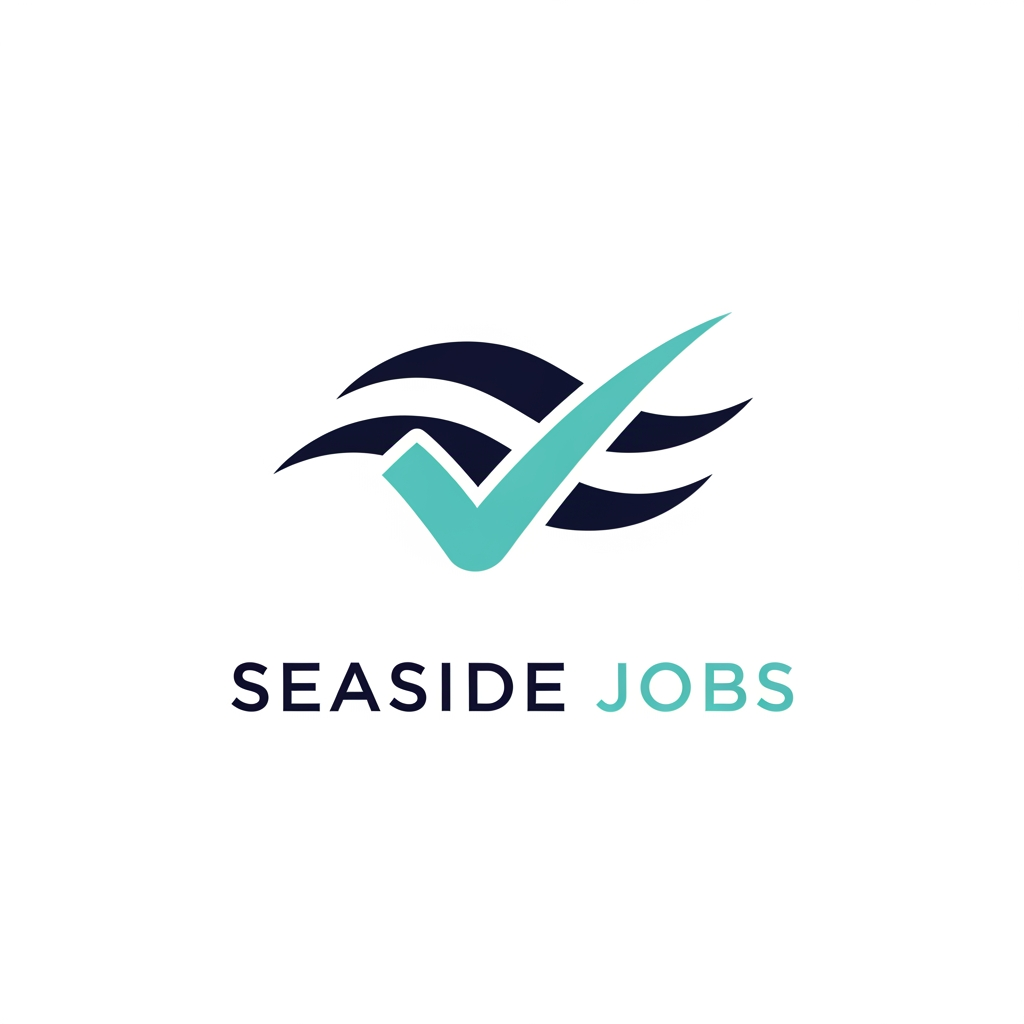 AI Design for A minimalist, modern vector logo for a hospitality booking platform named Seaside Jobs. The design features a clean, stylized icon merging a subtle wave silhouette with a professional checkmark or clipboard element, using a soothing coastal color palette of deep navy and soft turquoise. The aesthetic is sleek, flat, and highly legible at small scales, optimized for a navigation bar and browser favicon.