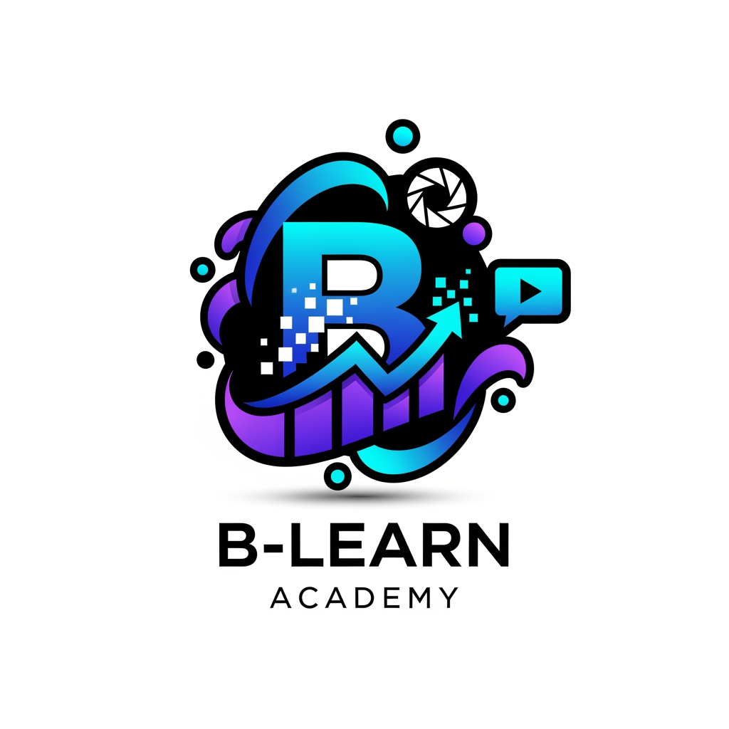 AI Design for "Design a world-class premium logo for 'B-Learn Academy', a leading Multimedia & Digital Branding Institute. The logo should represent Digital Marketing, Graphic Design, Video Editing, AI, Creativity, Innovation, and Career Growth. Create a sleek futuristic symbol combining the letter 'B' with digital pixels, growth arrows, creative shapes, and media elements. Use a minimalist luxury style with bold geometric design. Color palette: Electric Blue, Royal Purple, Neon Cyan, and Black. The logo must look powerful, modern, professional, and globally recognized. Include a clean icon and elegant typography. Suitable for website, social media, certificates, branding materials, signboards, and merchandise. Vector style, high contrast, premium startup branding, award-winning design, unique, memorable, iconic, 3D depth, ultra sharp, white background."