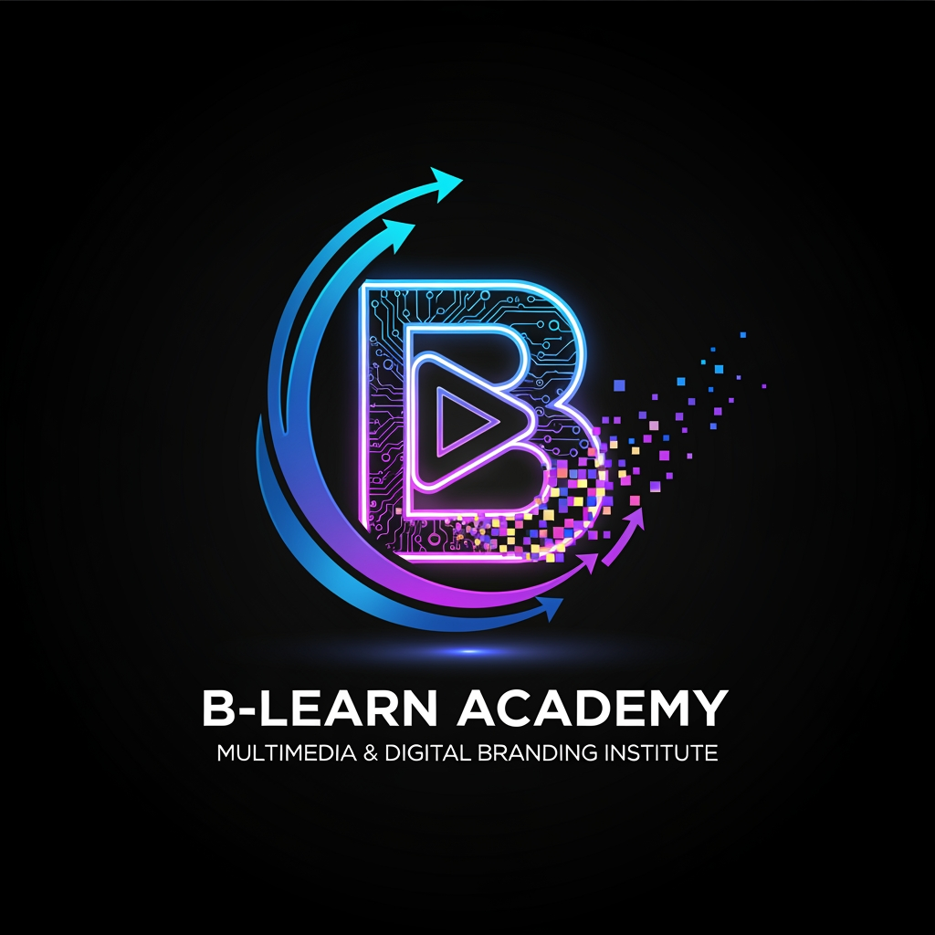 AI Design for "Design a stunning futuristic logo for B-Learn Academy – Multimedia & Digital Branding Institute. Integrate digital marketing, social media, graphic designing, video editing, AI tools, content creation, and innovation into a single powerful symbol. Use a glowing B monogram with digital circuits, play button elements, creative pixels, branding waves, and growth arrows. Premium black background with electric blue and neon purple highlights. Ultra-modern, cinematic, luxury, technology-driven, startup-style identity, high-end vector logo, professional typography, globally recognizable, visually striking, award-winning brand identity."