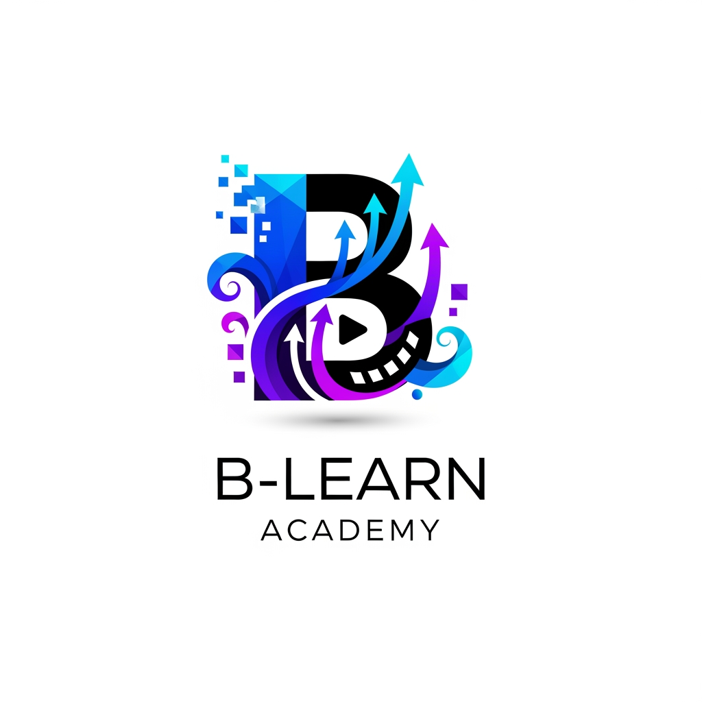 AI Design for "Design a world-class premium logo for 'B-Learn Academy', a leading Multimedia & Digital Branding Institute. The logo should represent Digital Marketing, Graphic Design, Video Editing, AI, Creativity, Innovation, and Career Growth. Create a sleek futuristic symbol combining the letter 'B' with digital pixels, growth arrows, creative shapes, and media elements. Use a minimalist luxury style with bold geometric design. Color palette: Electric Blue, Royal Purple, Neon Cyan, and Black. The logo must look powerful, modern, professional, and globally recognized. Include a clean icon and elegant typography. Suitable for website, social media, certificates, branding materials, signboards, and merchandise. Vector style, high contrast, premium startup branding, award-winning design, unique, memorable, iconic, 3D depth, ultra sharp, white background."
