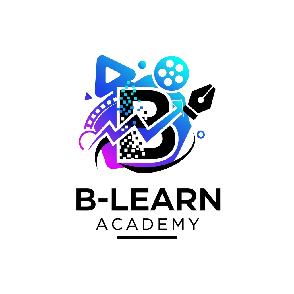 AI Design for "Design a world-class premium logo for 'B-Learn Academy', a leading Multimedia & Digital Branding Institute. The logo should represent Digital Marketing, Graphic Design, Video Editing, AI, Creativity, Innovation, and Career Growth. Create a sleek futuristic symbol combining the letter 'B' with digital pixels, growth arrows, creative shapes, and media elements. Use a minimalist luxury style with bold geometric design. Color palette: Electric Blue, Royal Purple, Neon Cyan, and Black. The logo must look powerful, modern, professional, and globally recognized. Include a clean icon and elegant typography. Suitable for website, social media, certificates, branding materials, signboards, and merchandise. Vector style, high contrast, premium startup branding, award-winning design, unique, memorable, iconic, 3D depth, ultra sharp, white background."