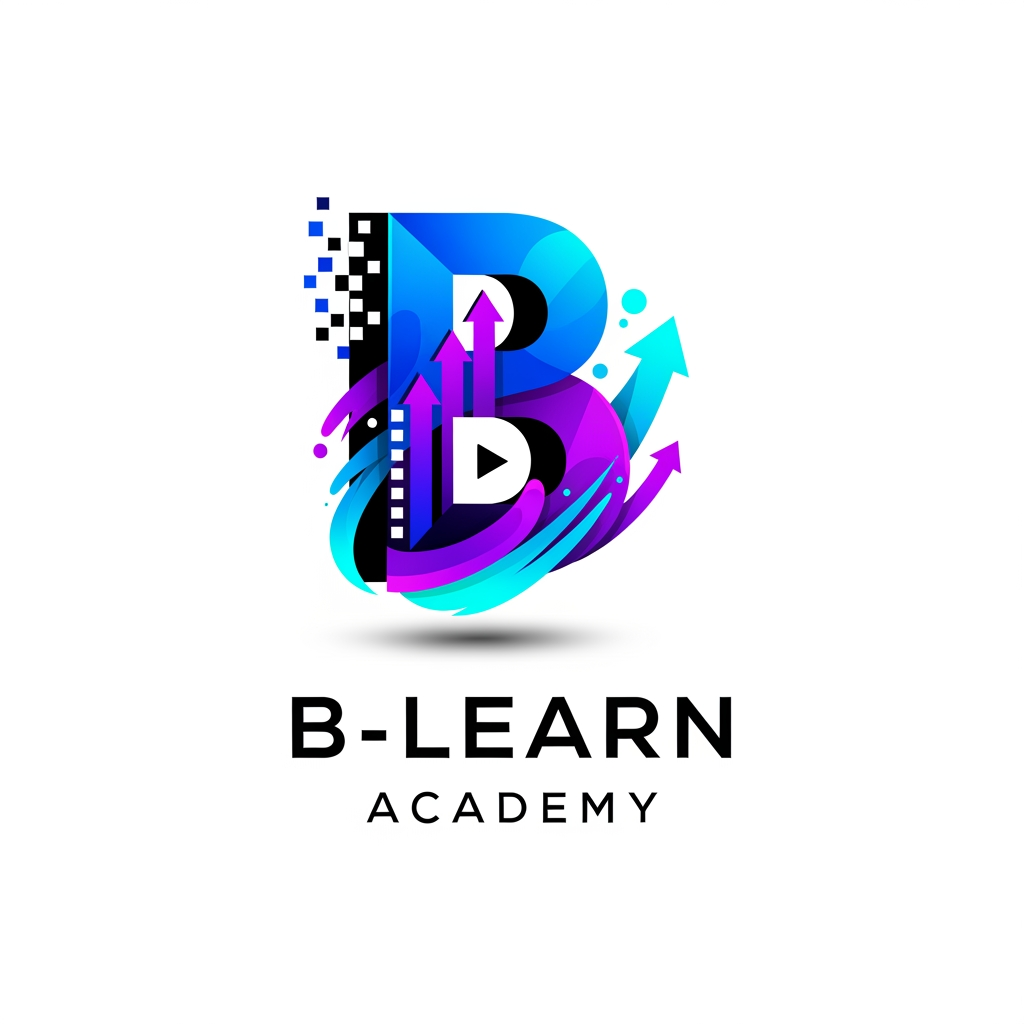 AI Design for "Design a world-class premium logo for 'B-Learn Academy', a leading Multimedia & Digital Branding Institute. The logo should represent Digital Marketing, Graphic Design, Video Editing, AI, Creativity, Innovation, and Career Growth. Create a sleek futuristic symbol combining the letter 'B' with digital pixels, growth arrows, creative shapes, and media elements. Use a minimalist luxury style with bold geometric design. Color palette: Electric Blue, Royal Purple, Neon Cyan, and Black. The logo must look powerful, modern, professional, and globally recognized. Include a clean icon and elegant typography. Suitable for website, social media, certificates, branding materials, signboards, and merchandise. Vector style, high contrast, premium startup branding, award-winning design, unique, memorable, iconic, 3D depth, ultra sharp, white background."