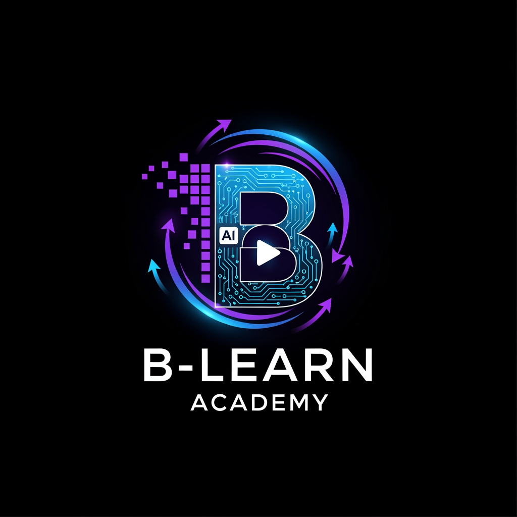 AI Design for "Design a stunning futuristic logo for B-Learn Academy – Multimedia & Digital Branding Institute. Integrate digital marketing, social media, graphic designing, video editing, AI tools, content creation, and innovation into a single powerful symbol. Use a glowing B monogram with digital circuits, play button elements, creative pixels, branding waves, and growth arrows. Premium black background with electric blue and neon purple highlights. Ultra-modern, cinematic, luxury, technology-driven, startup-style identity, high-end vector logo, professional typography, globally recognizable, visually striking, award-winning brand identity."