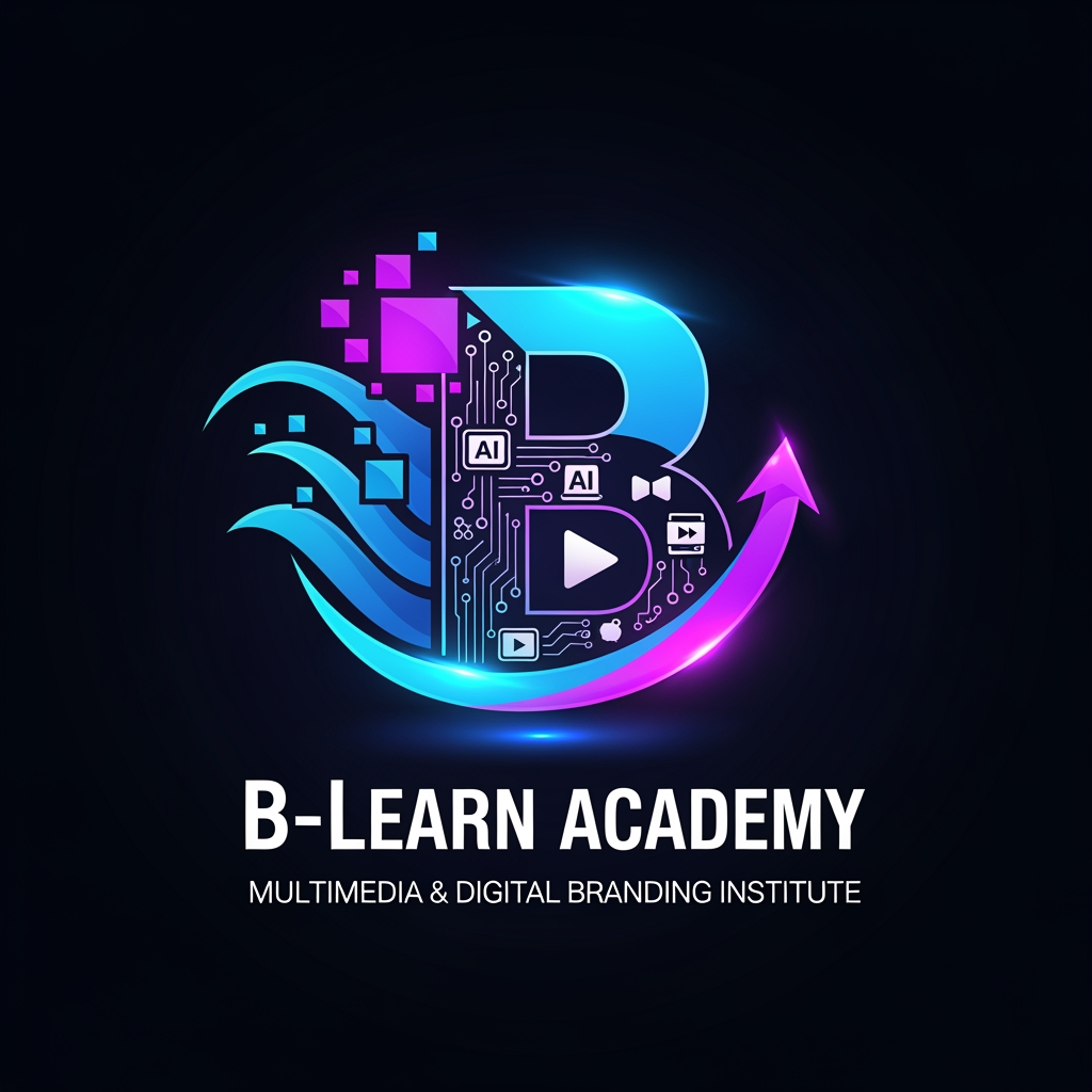 AI Design for "Design a stunning futuristic logo for B-Learn Academy – Multimedia & Digital Branding Institute. Integrate digital marketing, social media, graphic designing, video editing, AI tools, content creation, and innovation into a single powerful symbol. Use a glowing B monogram with digital circuits, play button elements, creative pixels, branding waves, and growth arrows. Premium black background with electric blue and neon purple highlights. Ultra-modern, cinematic, luxury, technology-driven, startup-style identity, high-end vector logo, professional typography, globally recognizable, visually striking, award-winning brand identity."
