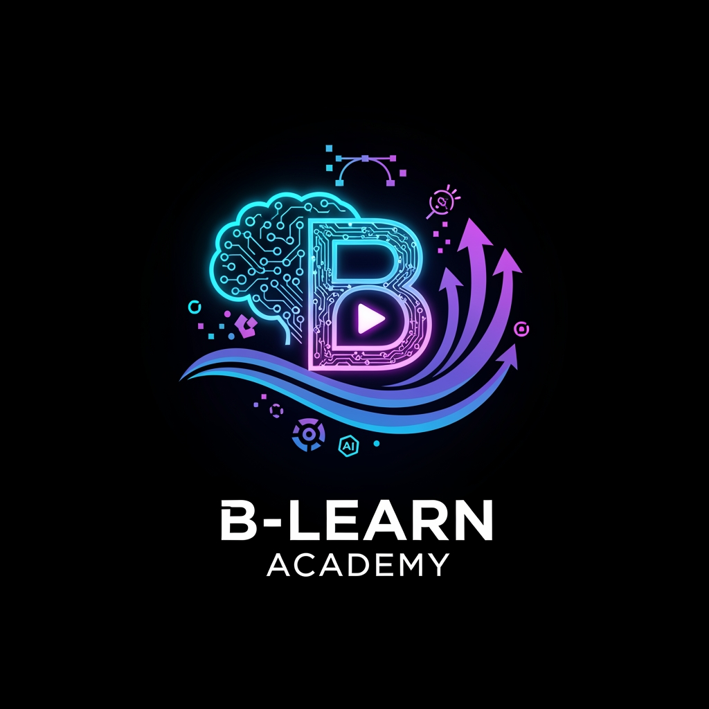 AI Design for "Design a stunning futuristic logo for B-Learn Academy – Multimedia & Digital Branding Institute. Integrate digital marketing, social media, graphic designing, video editing, AI tools, content creation, and innovation into a single powerful symbol. Use a glowing B monogram with digital circuits, play button elements, creative pixels, branding waves, and growth arrows. Premium black background with electric blue and neon purple highlights. Ultra-modern, cinematic, luxury, technology-driven, startup-style identity, high-end vector logo, professional typography, globally recognizable, visually striking, award-winning brand identity."