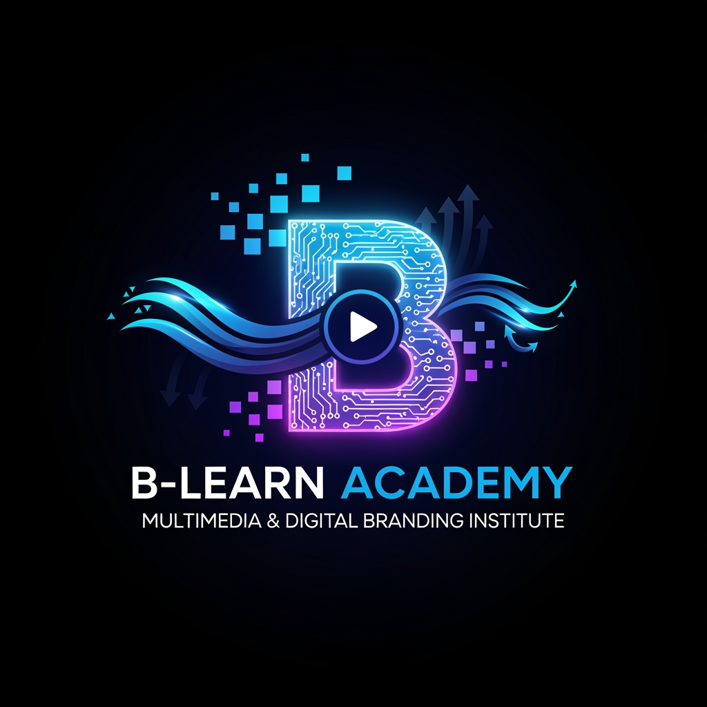 AI Design for "Design a stunning futuristic logo for B-Learn Academy – Multimedia & Digital Branding Institute. Integrate digital marketing, social media, graphic designing, video editing, AI tools, content creation, and innovation into a single powerful symbol. Use a glowing B monogram with digital circuits, play button elements, creative pixels, branding waves, and growth arrows. Premium black background with electric blue and neon purple highlights. Ultra-modern, cinematic, luxury, technology-driven, startup-style identity, high-end vector logo, professional typography, globally recognizable, visually striking, award-winning brand identity."