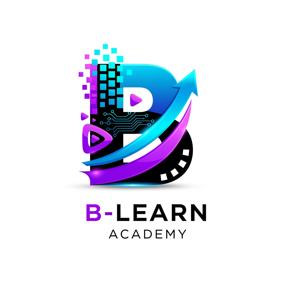 AI Design for "Design a world-class premium logo for 'B-Learn Academy', a leading Multimedia & Digital Branding Institute. The logo should represent Digital Marketing, Graphic Design, Video Editing, AI, Creativity, Innovation, and Career Growth. Create a sleek futuristic symbol combining the letter 'B' with digital pixels, growth arrows, creative shapes, and media elements. Use a minimalist luxury style with bold geometric design. Color palette: Electric Blue, Royal Purple, Neon Cyan, and Black. The logo must look powerful, modern, professional, and globally recognized. Include a clean icon and elegant typography. Suitable for website, social media, certificates, branding materials, signboards, and merchandise. Vector style, high contrast, premium startup branding, award-winning design, unique, memorable, iconic, 3D depth, ultra sharp, white background."