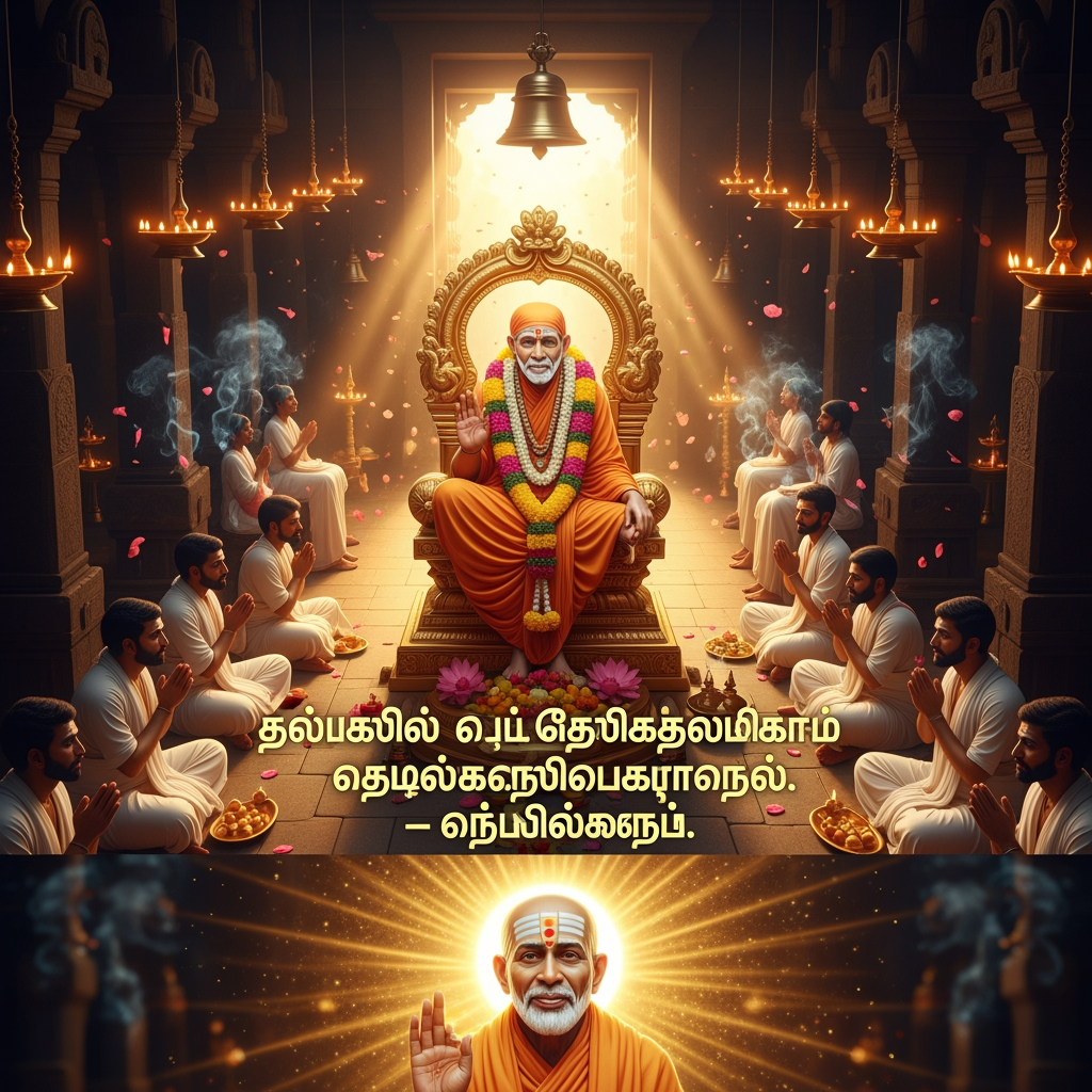 AI Design for Sri Raghavendra Swamy Divine Blessings | AI Video Prompt (6:19 Vertical)
Aspect Ratio: 6:19 Vertical
Duration: 20–30 seconds
Style: Ultra-realistic, Cinematic Devotional, 4K HDR
Prompt:
A divine cinematic devotional scene featuring Sri Raghavendra Swamy seated majestically on an ornate sacred peetham inside a radiant South Indian temple sanctum. He wears traditional saffron robes, sacred tilak, multiple flower garlands, and displays a serene compassionate smile. His right hand is raised in Abhaya Mudra, blessing devotees with divine grace.
The video opens with a slow aerial camera movement through an ancient temple corridor illuminated by hundreds of glowing brass oil lamps. Soft temple bells ring in the background as warm golden sunlight streams through the sanctum, creating volumetric light rays and floating dust particles.
The camera slowly dollies toward Sri Raghavendra Swamy. A brilliant golden aura surrounds him, gently pulsing with divine energy. Tulsi garlands sway naturally, lotus flowers bloom near the sanctum, and fragrant incense smoke drifts gracefully through the golden light.
Devotees seated on both sides fold their hands in prayer. Their expressions reflect devotion, gratitude, peace, and hope. Some devotees gently bow their heads while receiving blessings. Floating flower petals move slowly through the air as sacred golden particles shimmer around the saint.
The halo behind Sri Raghavendra Swamy glows brighter as divine spiritual energy radiates outward across the temple. Oil lamps flicker naturally, creating a warm amber glow throughout the scene.
Final shot: The camera slowly zooms close to Sri Raghavendra Swamy's blessing hand as radiant golden light fills the frame. The aura expands softly, symbolizing prosperity, health, happiness, protection, and spiritual fulfillment.
Color Palette: Warm Gold, Saffron, Temple Bronze, Soft Amber Light
Lighting: Cinematic, Volumetric God Rays, HDR
Motion: Smooth Camera Movement, Slow Dolly-In, Floating Petals, Natural Smoke, Halo Animation
Quality: Ultra-realistic, Hyper-detailed, 4K HDR, Spiritual Atmosphere
Tamil Text Overlay (Golden Glowing Font)
"வாழ்வில் எல்லாம் வளமும் நலமும் பெற்று
இன்புற்று வாழ என் அருளாசிகளை வழங்குகிறேன்."
– ஸ்ரீ ராகவேந்திரர்
Text Animation: Elegant golden glow, fade-in letter by letter, synchronized with temple bells and divine light rays.
Background Audio: Soft temple bells, veena, flute, gentle devotional ambience, sacred chanting atmosphere.