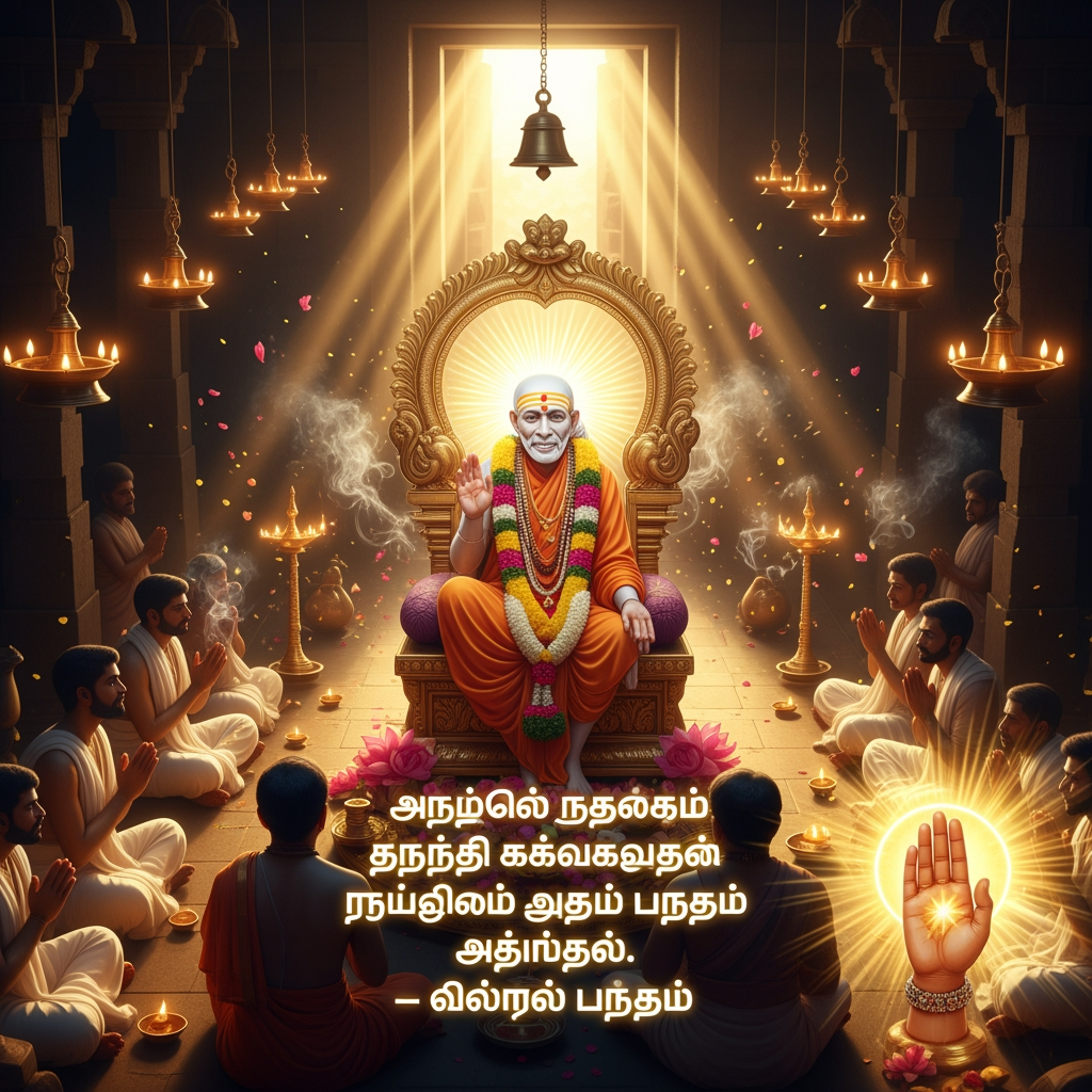 AI Design for Sri Raghavendra Swamy Divine Blessings | AI Video Prompt (6:19 Vertical)
Aspect Ratio: 6:19 Vertical
Duration: 20–30 seconds
Style: Ultra-realistic, Cinematic Devotional, 4K HDR
Prompt:
A divine cinematic devotional scene featuring Sri Raghavendra Swamy seated majestically on an ornate sacred peetham inside a radiant South Indian temple sanctum. He wears traditional saffron robes, sacred tilak, multiple flower garlands, and displays a serene compassionate smile. His right hand is raised in Abhaya Mudra, blessing devotees with divine grace.
The video opens with a slow aerial camera movement through an ancient temple corridor illuminated by hundreds of glowing brass oil lamps. Soft temple bells ring in the background as warm golden sunlight streams through the sanctum, creating volumetric light rays and floating dust particles.
The camera slowly dollies toward Sri Raghavendra Swamy. A brilliant golden aura surrounds him, gently pulsing with divine energy. Tulsi garlands sway naturally, lotus flowers bloom near the sanctum, and fragrant incense smoke drifts gracefully through the golden light.
Devotees seated on both sides fold their hands in prayer. Their expressions reflect devotion, gratitude, peace, and hope. Some devotees gently bow their heads while receiving blessings. Floating flower petals move slowly through the air as sacred golden particles shimmer around the saint.
The halo behind Sri Raghavendra Swamy glows brighter as divine spiritual energy radiates outward across the temple. Oil lamps flicker naturally, creating a warm amber glow throughout the scene.
Final shot: The camera slowly zooms close to Sri Raghavendra Swamy's blessing hand as radiant golden light fills the frame. The aura expands softly, symbolizing prosperity, health, happiness, protection, and spiritual fulfillment.
Color Palette: Warm Gold, Saffron, Temple Bronze, Soft Amber Light
Lighting: Cinematic, Volumetric God Rays, HDR
Motion: Smooth Camera Movement, Slow Dolly-In, Floating Petals, Natural Smoke, Halo Animation
Quality: Ultra-realistic, Hyper-detailed, 4K HDR, Spiritual Atmosphere
Tamil Text Overlay (Golden Glowing Font)
"வாழ்வில் எல்லாம் வளமும் நலமும் பெற்று
இன்புற்று வாழ என் அருளாசிகளை வழங்குகிறேன்."
– ஸ்ரீ ராகவேந்திரர்
Text Animation: Elegant golden glow, fade-in letter by letter, synchronized with temple bells and divine light rays.
Background Audio: Soft temple bells, veena, flute, gentle devotional ambience, sacred chanting atmosphere.