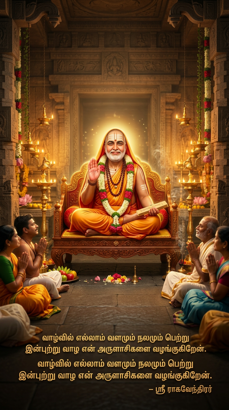 AI Design for Sri Raghavendra Swamy Divine Blessings | AI Video Prompt (6:19 Vertical)
Aspect Ratio: 6:19 Vertical
Duration: 20–30 seconds
Style: Ultra-realistic, Cinematic Devotional, 4K HDR
Prompt:
A divine cinematic devotional scene featuring Sri Raghavendra Swamy seated majestically on an ornate sacred peetham inside a radiant South Indian temple sanctum. He wears traditional saffron robes, sacred tilak, multiple flower garlands, and displays a serene compassionate smile. His right hand is raised in Abhaya Mudra, blessing devotees with divine grace.
The video opens with a slow aerial camera movement through an ancient temple corridor illuminated by hundreds of glowing brass oil lamps. Soft temple bells ring in the background as warm golden sunlight streams through the sanctum, creating volumetric light rays and floating dust particles.
The camera slowly dollies toward Sri Raghavendra Swamy. A brilliant golden aura surrounds him, gently pulsing with divine energy. Tulsi garlands sway naturally, lotus flowers bloom near the sanctum, and fragrant incense smoke drifts gracefully through the golden light.
Devotees seated on both sides fold their hands in prayer. Their expressions reflect devotion, gratitude, peace, and hope. Some devotees gently bow their heads while receiving blessings. Floating flower petals move slowly through the air as sacred golden particles shimmer around the saint.
The halo behind Sri Raghavendra Swamy glows brighter as divine spiritual energy radiates outward across the temple. Oil lamps flicker naturally, creating a warm amber glow throughout the scene.
Final shot: The camera slowly zooms close to Sri Raghavendra Swamy's blessing hand as radiant golden light fills the frame. The aura expands softly, symbolizing prosperity, health, happiness, protection, and spiritual fulfillment.
Color Palette: Warm Gold, Saffron, Temple Bronze, Soft Amber Light
Lighting: Cinematic, Volumetric God Rays, HDR
Motion: Smooth Camera Movement, Slow Dolly-In, Floating Petals, Natural Smoke, Halo Animation
Quality: Ultra-realistic, Hyper-detailed, 4K HDR, Spiritual Atmosphere
Tamil Text Overlay (Golden Glowing Font)
"வாழ்வில் எல்லாம் வளமும் நலமும் பெற்று
இன்புற்று வாழ என் அருளாசிகளை வழங்குகிறேன்."
– ஸ்ரீ ராகவேந்திரர்
Text Animation: Elegant golden glow, fade-in letter by letter, synchronized with temple bells and divine light rays.
Background Audio: Soft temple bells, veena, flute, gentle devotional ambience, sacred chanting atmosphere.