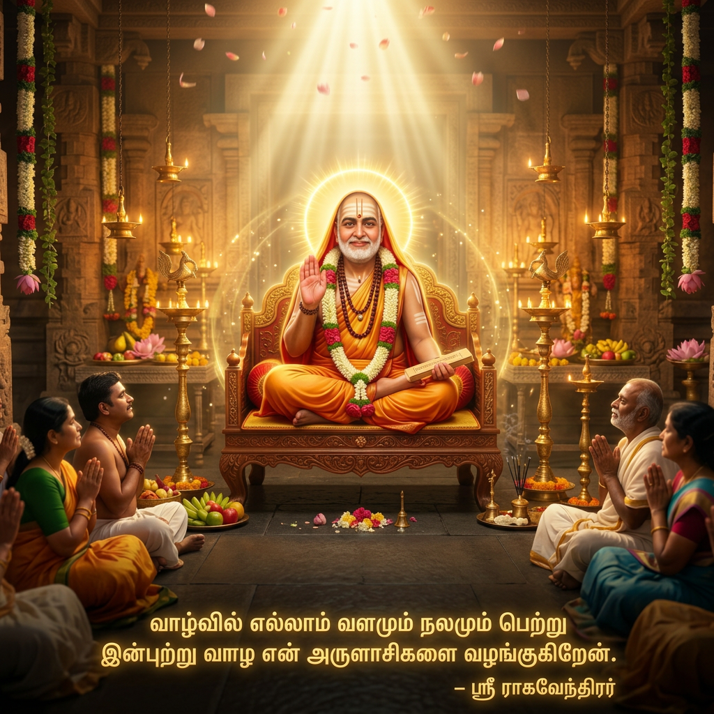 AI Design for Sri Raghavendra Swamy Divine Blessings | AI Video Prompt (6:19 Vertical)
Aspect Ratio: 6:19 Vertical
Duration: 20–30 seconds
Style: Ultra-realistic, Cinematic Devotional, 4K HDR
Prompt:
A divine cinematic devotional scene featuring Sri Raghavendra Swamy seated majestically on an ornate sacred peetham inside a radiant South Indian temple sanctum. He wears traditional saffron robes, sacred tilak, multiple flower garlands, and displays a serene compassionate smile. His right hand is raised in Abhaya Mudra, blessing devotees with divine grace.
The video opens with a slow aerial camera movement through an ancient temple corridor illuminated by hundreds of glowing brass oil lamps. Soft temple bells ring in the background as warm golden sunlight streams through the sanctum, creating volumetric light rays and floating dust particles.
The camera slowly dollies toward Sri Raghavendra Swamy. A brilliant golden aura surrounds him, gently pulsing with divine energy. Tulsi garlands sway naturally, lotus flowers bloom near the sanctum, and fragrant incense smoke drifts gracefully through the golden light.
Devotees seated on both sides fold their hands in prayer. Their expressions reflect devotion, gratitude, peace, and hope. Some devotees gently bow their heads while receiving blessings. Floating flower petals move slowly through the air as sacred golden particles shimmer around the saint.
The halo behind Sri Raghavendra Swamy glows brighter as divine spiritual energy radiates outward across the temple. Oil lamps flicker naturally, creating a warm amber glow throughout the scene.
Final shot: The camera slowly zooms close to Sri Raghavendra Swamy's blessing hand as radiant golden light fills the frame. The aura expands softly, symbolizing prosperity, health, happiness, protection, and spiritual fulfillment.
Color Palette: Warm Gold, Saffron, Temple Bronze, Soft Amber Light
Lighting: Cinematic, Volumetric God Rays, HDR
Motion: Smooth Camera Movement, Slow Dolly-In, Floating Petals, Natural Smoke, Halo Animation
Quality: Ultra-realistic, Hyper-detailed, 4K HDR, Spiritual Atmosphere
Tamil Text Overlay (Golden Glowing Font)
"வாழ்வில் எல்லாம் வளமும் நலமும் பெற்று
இன்புற்று வாழ என் அருளாசிகளை வழங்குகிறேன்."
– ஸ்ரீ ராகவேந்திரர்
Text Animation: Elegant golden glow, fade-in letter by letter, synchronized with temple bells and divine light rays.
Background Audio: Soft temple bells, veena, flute, gentle devotional ambience, sacred chanting atmosphere.
