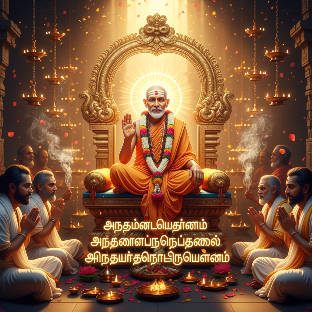 AI Design for Sri Raghavendra Swamy Divine Blessings | AI Video Prompt (6:19 Vertical)
Aspect Ratio: 6:19 Vertical
Duration: 20–30 seconds
Style: Ultra-realistic, Cinematic Devotional, 4K HDR
Prompt:
A divine cinematic devotional scene featuring Sri Raghavendra Swamy seated majestically on an ornate sacred peetham inside a radiant South Indian temple sanctum. He wears traditional saffron robes, sacred tilak, multiple flower garlands, and displays a serene compassionate smile. His right hand is raised in Abhaya Mudra, blessing devotees with divine grace.
The video opens with a slow aerial camera movement through an ancient temple corridor illuminated by hundreds of glowing brass oil lamps. Soft temple bells ring in the background as warm golden sunlight streams through the sanctum, creating volumetric light rays and floating dust particles.
The camera slowly dollies toward Sri Raghavendra Swamy. A brilliant golden aura surrounds him, gently pulsing with divine energy. Tulsi garlands sway naturally, lotus flowers bloom near the sanctum, and fragrant incense smoke drifts gracefully through the golden light.
Devotees seated on both sides fold their hands in prayer. Their expressions reflect devotion, gratitude, peace, and hope. Some devotees gently bow their heads while receiving blessings. Floating flower petals move slowly through the air as sacred golden particles shimmer around the saint.
The halo behind Sri Raghavendra Swamy glows brighter as divine spiritual energy radiates outward across the temple. Oil lamps flicker naturally, creating a warm amber glow throughout the scene.
Final shot: The camera slowly zooms close to Sri Raghavendra Swamy's blessing hand as radiant golden light fills the frame. The aura expands softly, symbolizing prosperity, health, happiness, protection, and spiritual fulfillment.
Color Palette: Warm Gold, Saffron, Temple Bronze, Soft Amber Light
Lighting: Cinematic, Volumetric God Rays, HDR
Motion: Smooth Camera Movement, Slow Dolly-In, Floating Petals, Natural Smoke, Halo Animation
Quality: Ultra-realistic, Hyper-detailed, 4K HDR, Spiritual Atmosphere
Tamil Text Overlay (Golden Glowing Font)
"வாழ்வில் எல்லாம் வளமும் நலமும் பெற்று
இன்புற்று வாழ என் அருளாசிகளை வழங்குகிறேன்."
– ஸ்ரீ ராகவேந்திரர்
Text Animation: Elegant golden glow, fade-in letter by letter, synchronized with temple bells and divine light rays.
Background Audio: Soft temple bells, veena, flute, gentle devotional ambience, sacred chanting atmosphere.