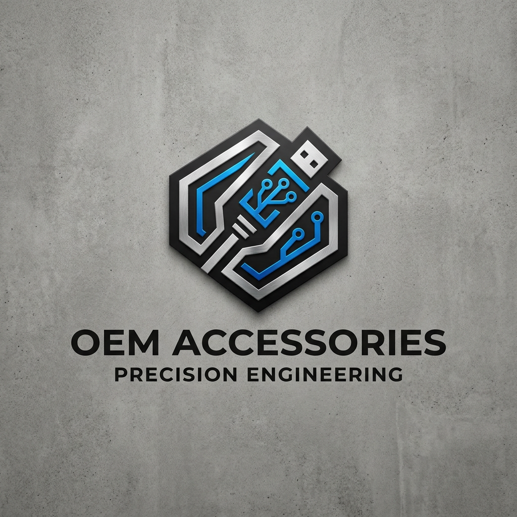 AI Design for A professional, minimalist logo design for an OEM mobile accessories company. The aesthetic should feature clean lines, a modern geometric icon representing connectivity or tech hardware, and a sophisticated color palette of matte black, silver, and electric blue. The design should be centered on a solid neutral background, emphasizing high-end manufacturing precision and industrial elegance.